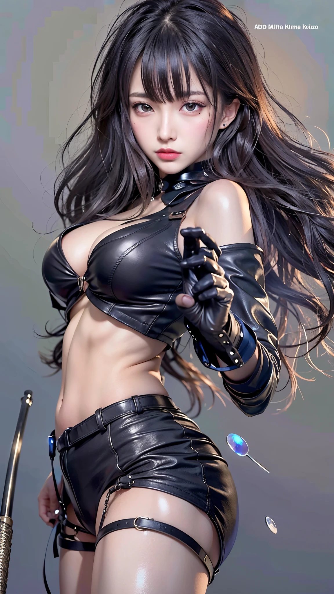1 beautiful young girl, Super beautiful detailed face、 Symmetrical black eyes), hime cut hair, (Fine face:1.2), High quality, Realistic, Highly detailed CG unified 8K dendenden wallpaper, Highly detailed, High-definition raw color photos, Professional Photography, Realistic portrait, Cinematic Light, Beautiful detailed, Super Detail, high details, depth of fields, semi long hair、(thighs thighs thighs thighs、beauty legs)、Bare legs、 Super beautiful detailed face, (KPOP Idol Face),(Best Quality, 4K, 8K, hight resolution, masutepiece:1.2), Ultra-detailed, (Realistic, Photorealistic, Photorealsitic:1.37), (Beautiful detailed eyes, Beautiful detailed lips, extremely detailed eye and face), (Big Tits, ultra gigantic tits, Glamorous body), ((Black leather clothing、Black leather long coat)),(Long black straight hair, Shiny hair, Shiny skin), (Holding a weapon in your hands)、((Sharp eyes))、(midnight cyberpunk city)、(pointing weapon at the viewer)、(Midnight City)、Midnight City、leather thimble gloves、Dark、(Holding a sword)