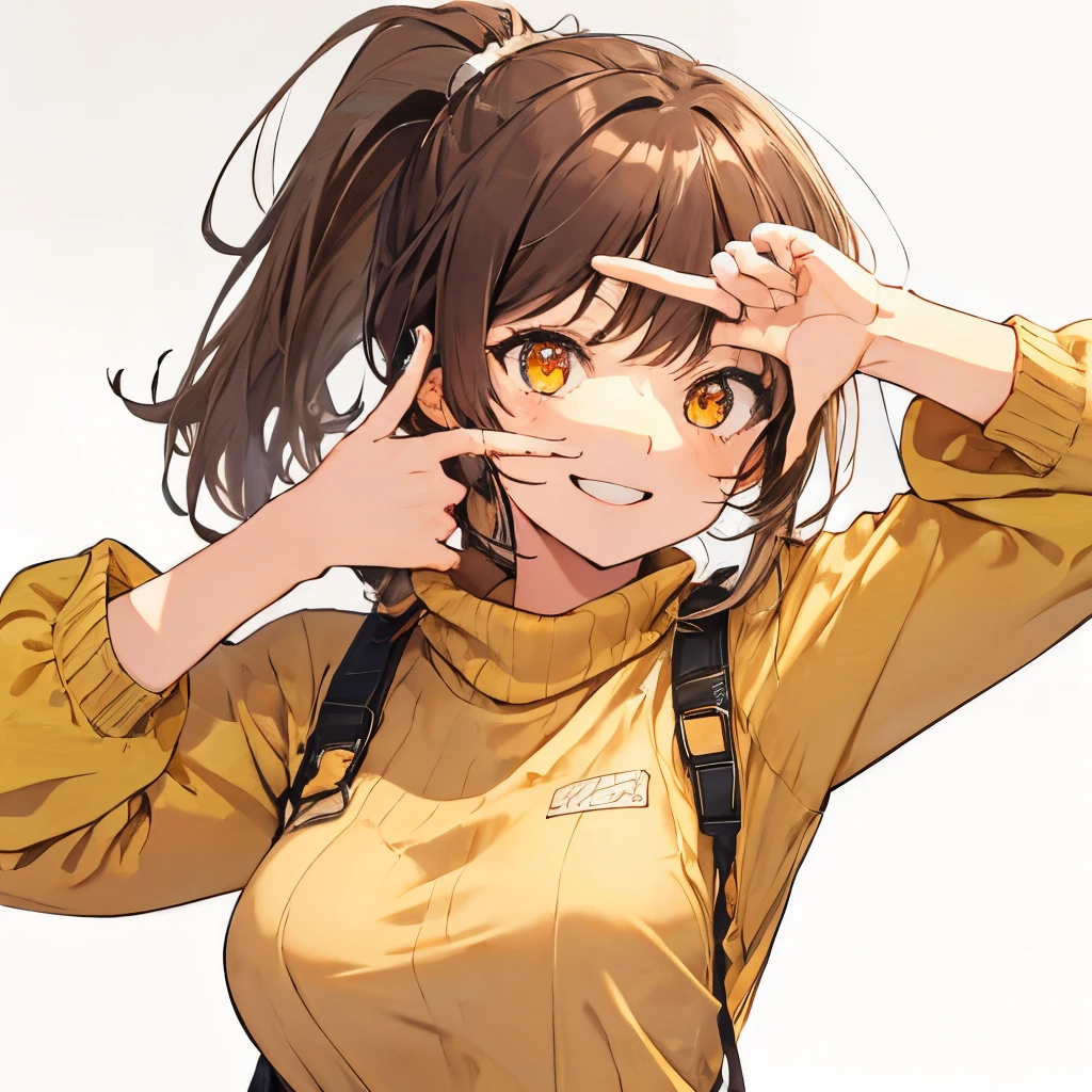 【Highest Quality, masutepiece】 [girl, Manteau, expressioness,deep orange eyes, front facing,dark brown hair,long ponytail hair,yellow knit cloth, Upper body] (Gray white background:1.2),very happy smile,boobs,