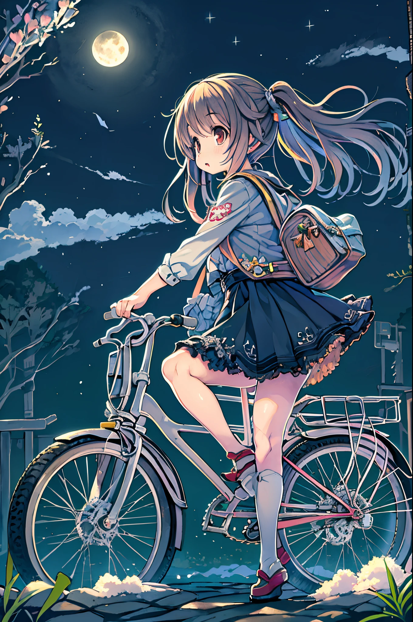 Anime girl riding a bicycle in the moonlight with a full moon in the background, anime moe art style, Mikudayo, Chibi Anime Girl, Chibi Girl, anime chibi, watercolor Nendoroid, Cute anime girl, (Anime Girl), Chibi Art, Cute art style, Anime visuals of cute girls, Chibi Anime, pixiv, Cute Anime, Starry sky!!、floating in sky
