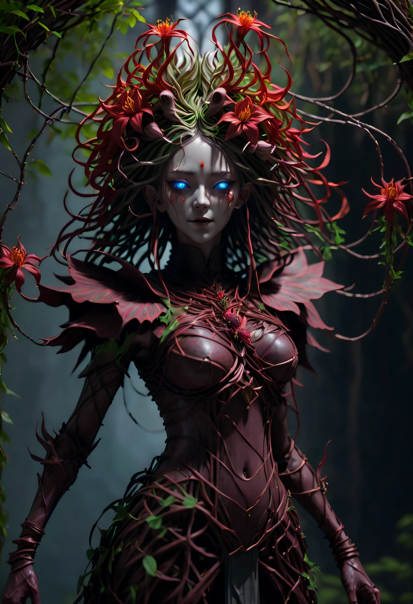 A magical girl whose body is made of vines, plant witch，Vine Queen，Witch of Thorns，Vines weave into a sculpture of a girl，vines woven into clothing，Crazy vines intricate，(Lycoris close-up:1.5)，Flower of the other shore is charming，Mysterious Manzhu Shahua，Bloody ghost flowers blooming at the gate of hell，Leading the soul to the afterlife，Evil charm，Flirtatious，Excellent，witch womloy iron flower，Alloy vines are woven into a magical girl,Magical girl has iron flowers on her head，heavy metal style，metal art，flower made of iron，iron leaf，Full metallic luster，Metal texture in the post-industrial era，Crafts made from twisted alloy wire，gold flowers，Iron flower，Silver flower，metal tree branch，a crystal pendant，Emerald inlay，Carefully crafted，Perfect craftsmanship，Magic lightning background，blue lightning，There are fairies，dark fantasy style art, dark flower shaman, dark fantasy concept art, bloodborne concept art, dark concept art, Bloody ghost flower, Diablo digital concept art, dark fantasy art style, Dark flowers, 🌺 Computer Graphics Association, bloodborne art, tmasterpiece，art  stations，ultra-realistic realism，plant witch，Vine Queen，Witch of Thorns，photorealistic dark concept art, Concept film, Reuven Tan，Painting of woman weaving vines standing in front of devil, goddess of death, author：heroes, beautiful death goddess, beautiful elegant demon queen, dark fantasy style art, portrait of death, onmyoji detailed art, Persephone as the goddess of death, beautiful necromancer, Ominous fantasy illustration