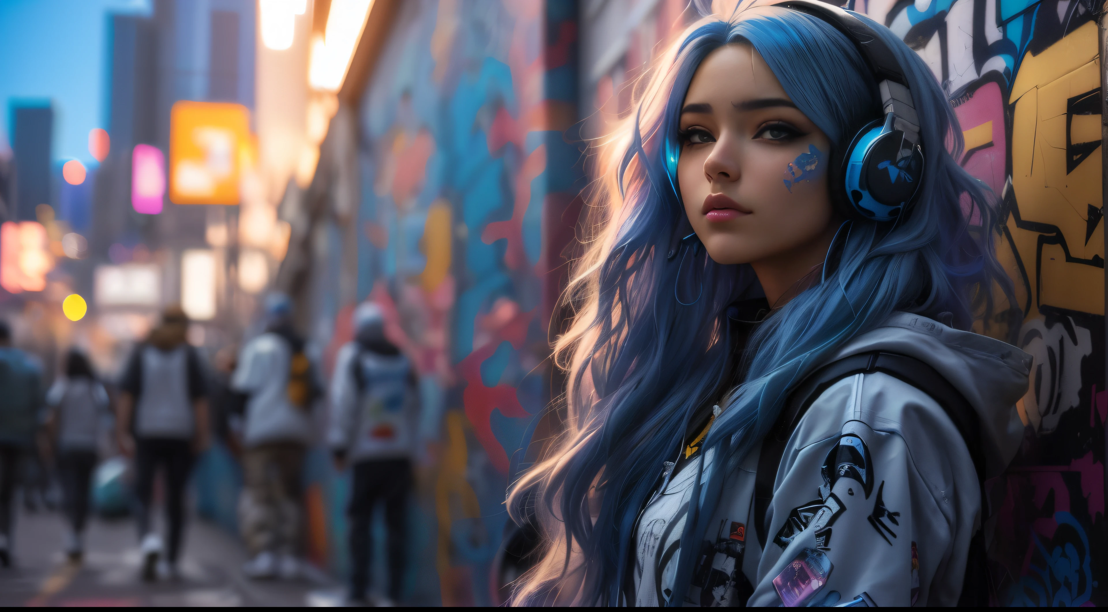 Mujer arafed con cabello azul y auriculares parada frente a una pared., Estilo anime 4K, Estilo anime mezclado con Fujifilm, Hermosa chica de cabello azul, Chica bonita con cabello azul, Ross Tran 8 K, Chica con cabello azul, Cyberpunk hermosa chica, Anime style. 8k, dreamy cyberpunk girl, Chica de anime cyberpunk, Estilo cyberpunk hiperrealista