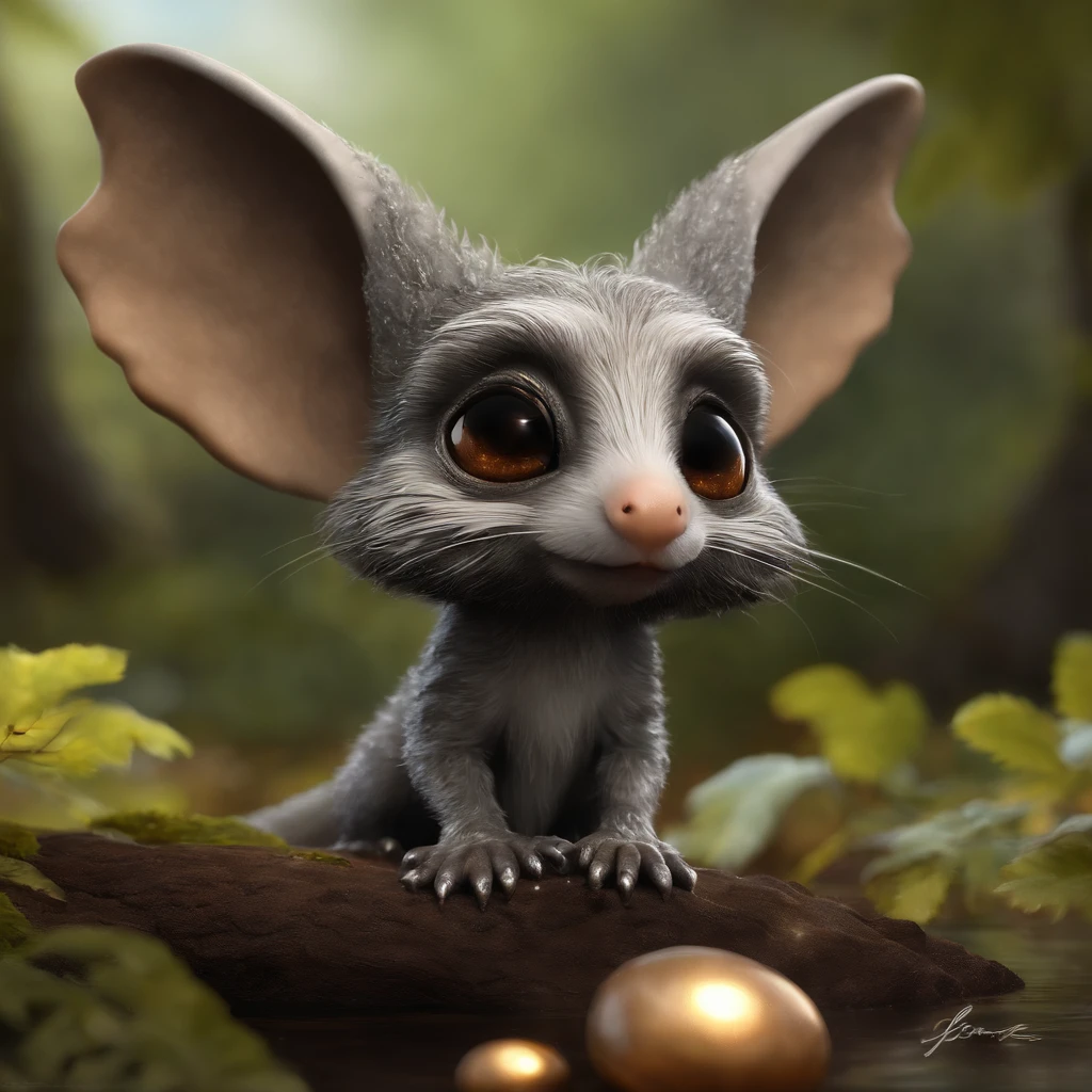 gremlin, mole-like, bright silver and brown, long tail, large ears, covered with silver fur, water, stands on the shore, Best Quality, Masterpiece, in style of dark fantasy art, gremlin, mole-like, holding a huge acorn in his paws, bright silver and brown, long tail, elongated nose, huge ears, covered with silver fur,tousled, five toes on each paw, holding a huge acorn in his paws, I'm standing in a forest clearing under the foliage of bast., acorns lie in the clearing, acorns glow, Crickets fly, Best Quality, Masterpiece, in style of dark fantasy art, fantasy-inspired, in the style of John Tolkien, (CBZBB:1.25), ((gremlin),Zhkute, Small, baby, Beautiful, Fantasy art, deviant art, trending artstation, Digital Art, Detailed, Realistic, humanoid, character, tiny, Cinematic shot, cinematic portrait of a mole