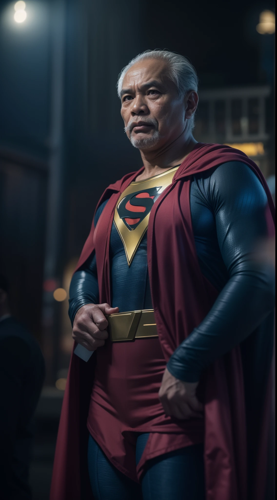 a 70 years old malay man in superman costume outfit standing in front of a bustling crowded night club holding a a big pop, night, serious face, nighttime, in superman movie style, hyper - realistic photography, dramatic effect, smoke effect in background, dark color grading, full body, 8k, close - up shot, extreme close - up photo