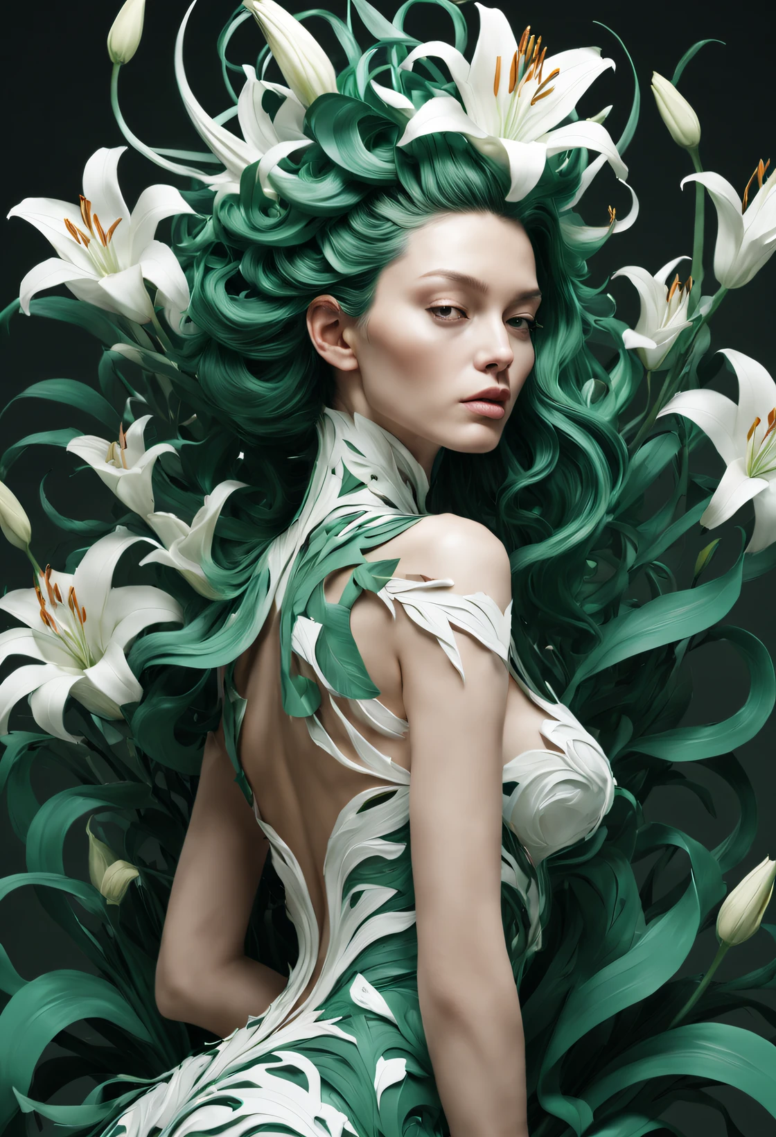 Brian Jungen (Brian Jungen) styled，double contact，（Girl with lilies all over her body and head），emerald and white，,Rendered by Octane，unreal-engine，Rococo paper cutting，Fantasyart，Surreal