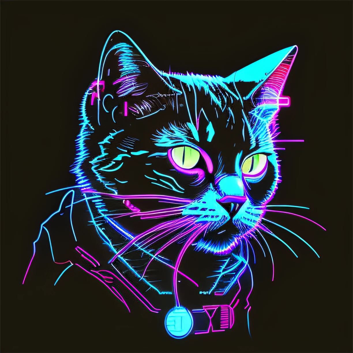 The city in front of me is shining、Neon cat with glowing ears, cyberpunk cat, cyberpunk artstyle, robotic cat, synthwave art style, Cybercat, A robotic cat, synthwave art, cyber punk style, synthwave art style ]!!, cyberpunk artstyle, Epic retro wave art masterpiece, Flat synth-wave art style, neon digital art, cyberpunk style colors