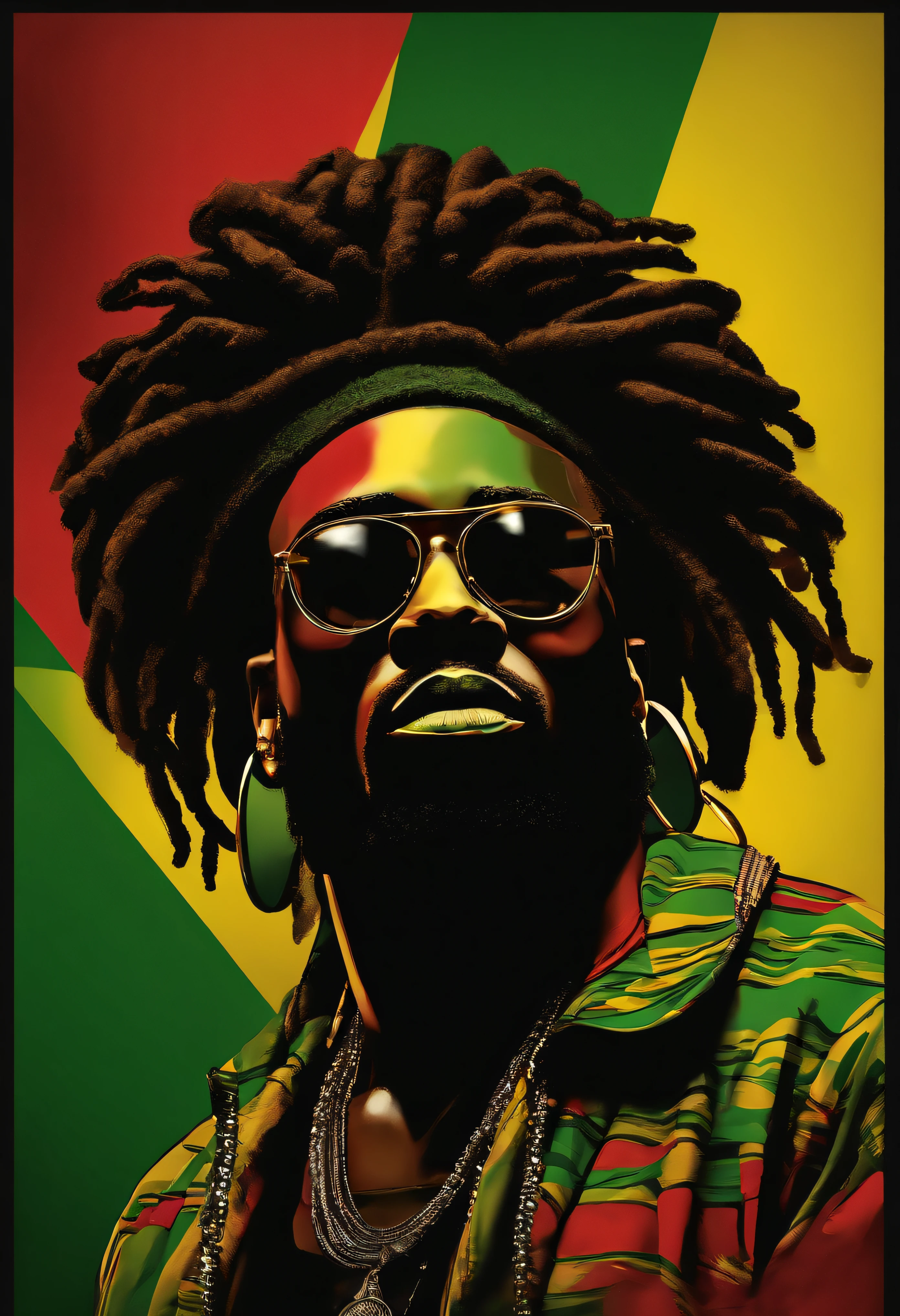 Create a logo with the head of a black man with dreadlocks in black colors, verde, amarelo e vermelho (olhando para a frente) , imagem estilo logomarca , Sober, (fundo preto), Image with resolution of at least 300dpi, UHD 8k, Very high quality for excellent printing. Lighting that highlights the figure in relation to the background, cores do reggae, Estilo da camada de disco