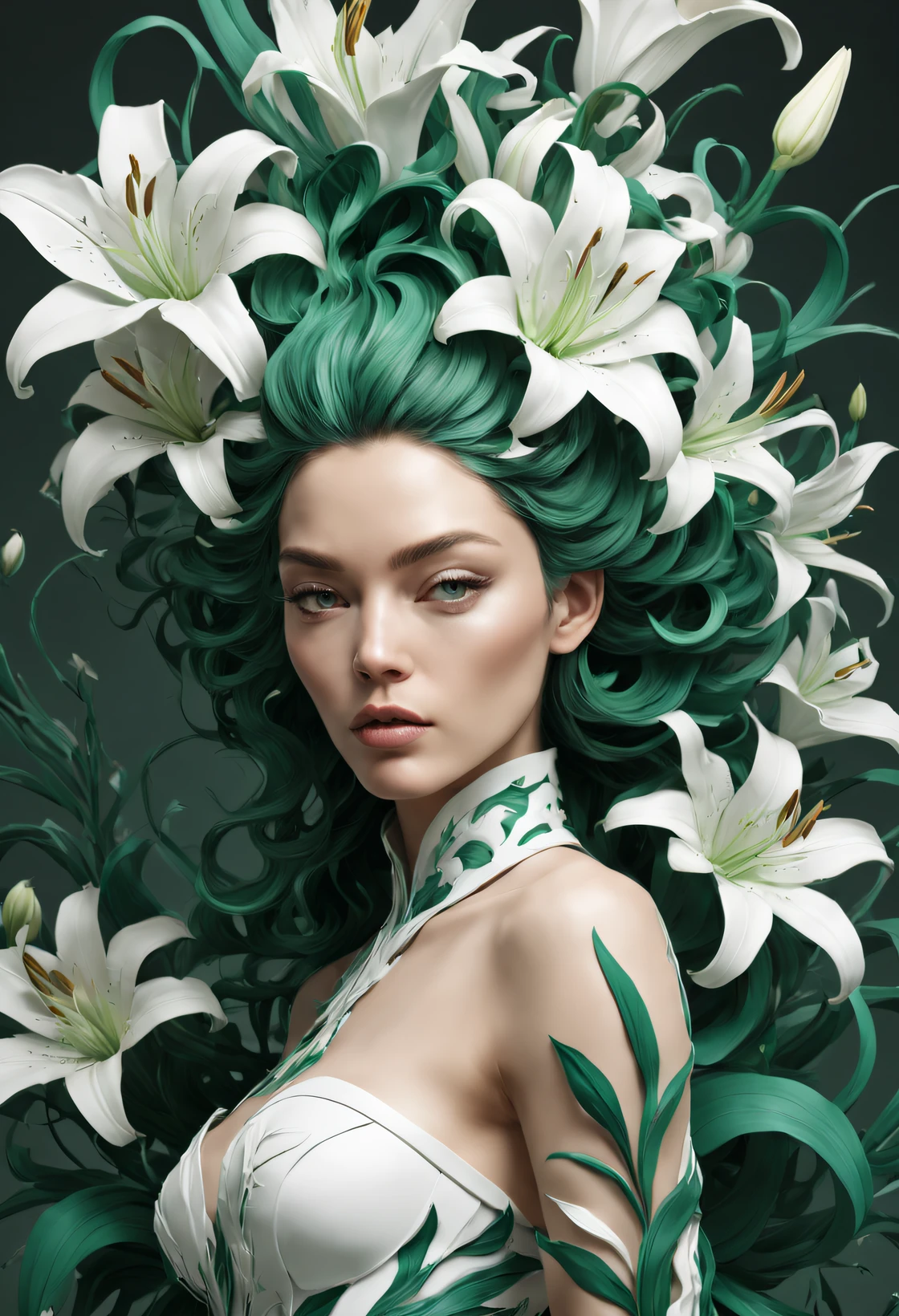 Brian Jungen (Brian Jungen) styled，double contact，（Girl with lilies all over her body and head），emerald and white，,Rendered by Octane，unreal-engine，Rococo paper cutting，Fantasyart，Surreal