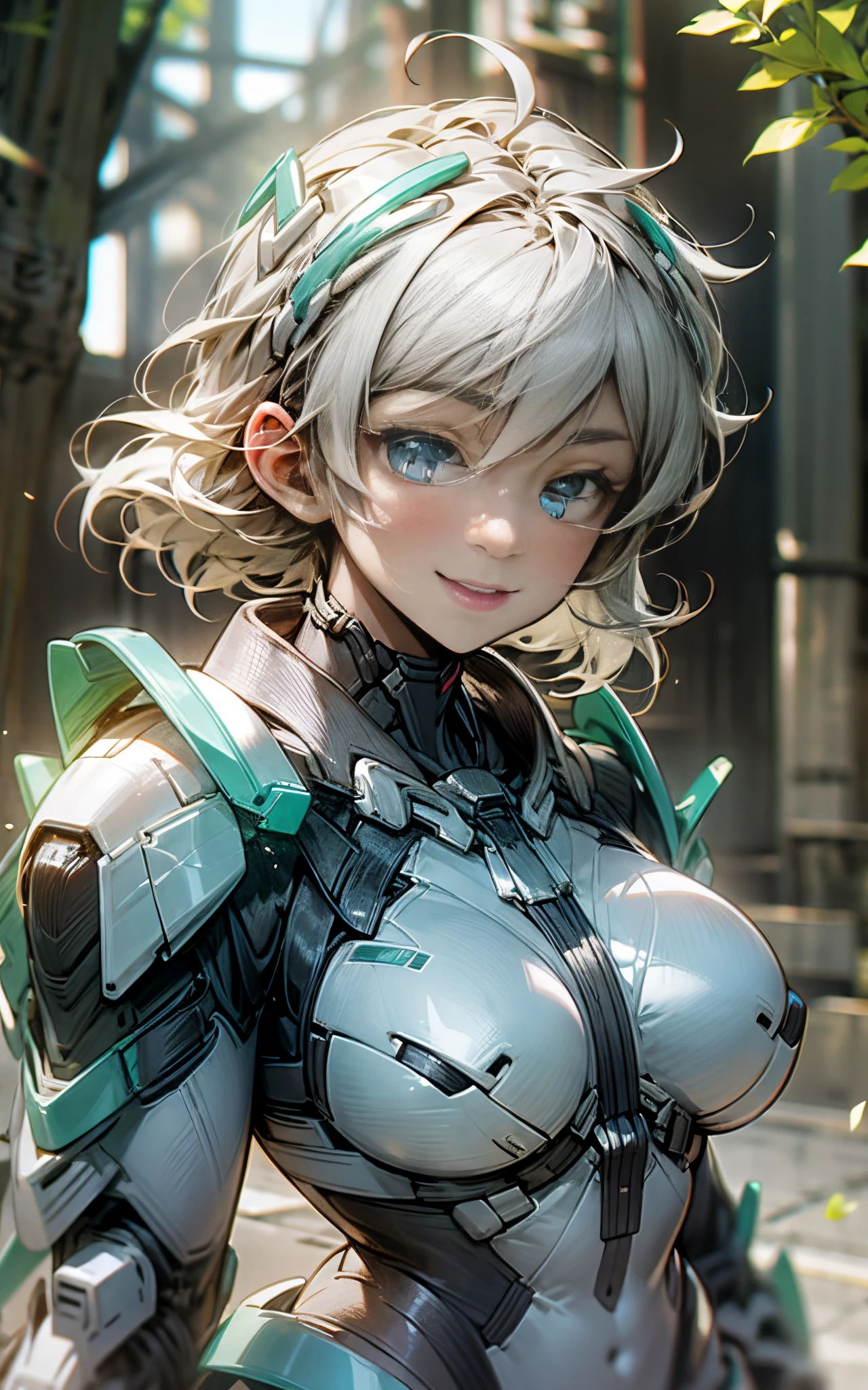 lightsmile, deva battle suit, Outdoors, Silver hair, bobhair, Blue eyes, waist shot