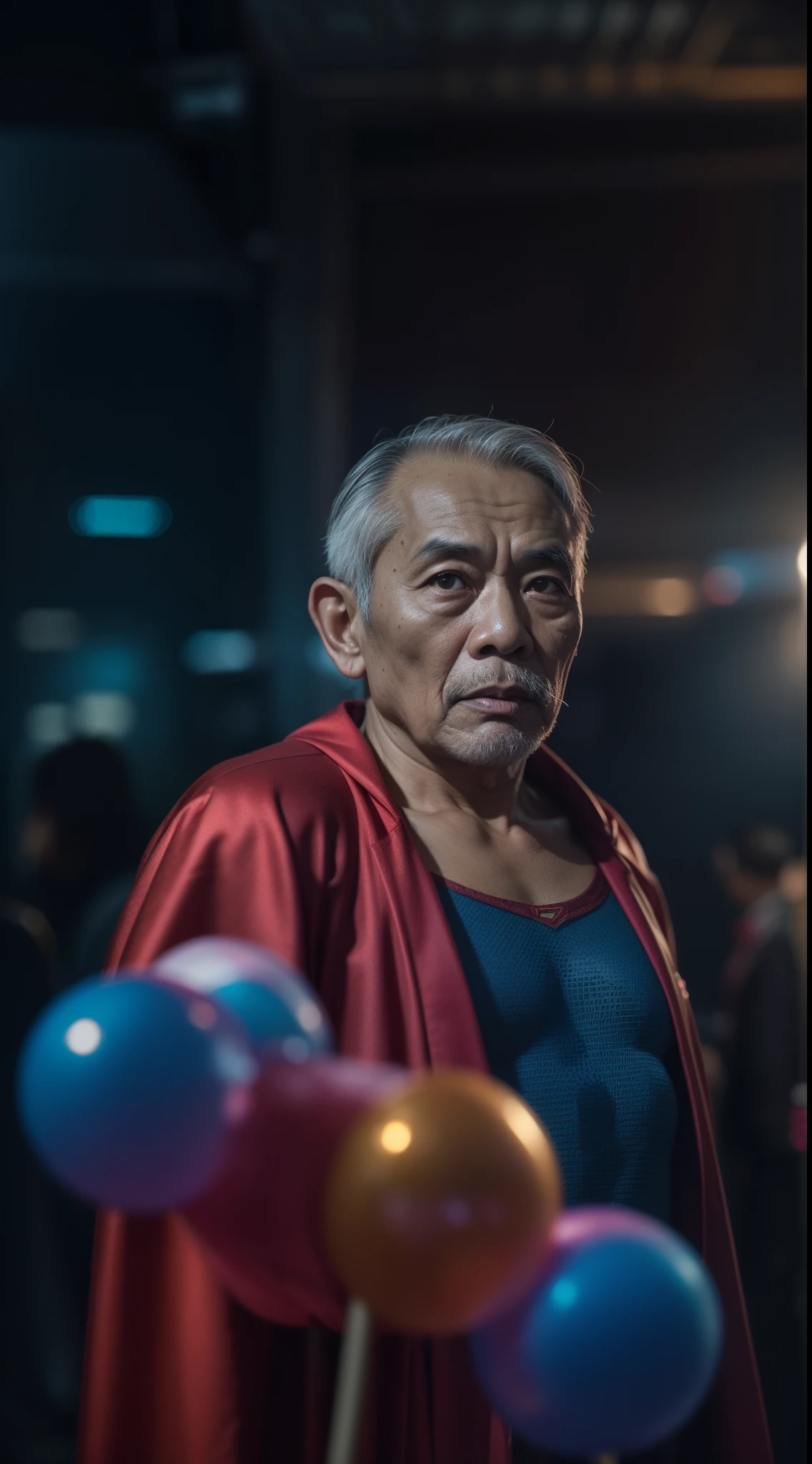 a 70 years old malay man in superman costume outfit standing in front of a bustling crowded night club holding a a big lolipop, night, serious face, nighttime, in superman movie style, hyper - realistic photography, dramatic effect, smoke effect in background, dark color grading, full body, 8k, close - up shot, extreme close - up photo