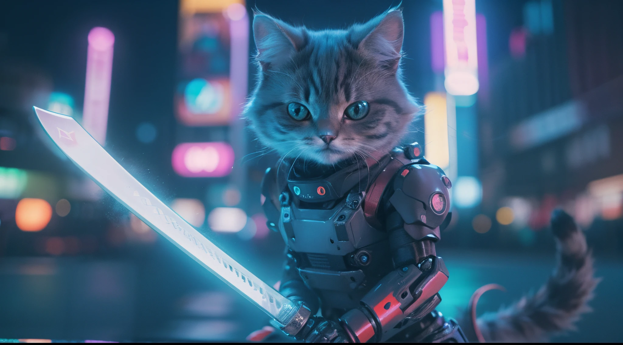 a cute fluffy cat in mecha suit in action pose wielding a katana with arabic neon city background, serious face, nighttime, fisheye lens, establishing shot, pastel color grading, depth of field cinematography effect, film noir genre, 8k resolution, high quality, ultra detail