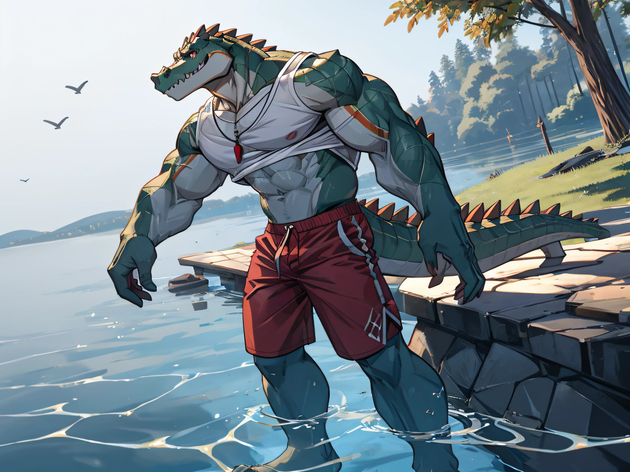 furry,bara,crocodile,masculine,timid, Red Eyes,muscular,No shirt..,He wore tight dark red swimming trunks..,standing by the lake