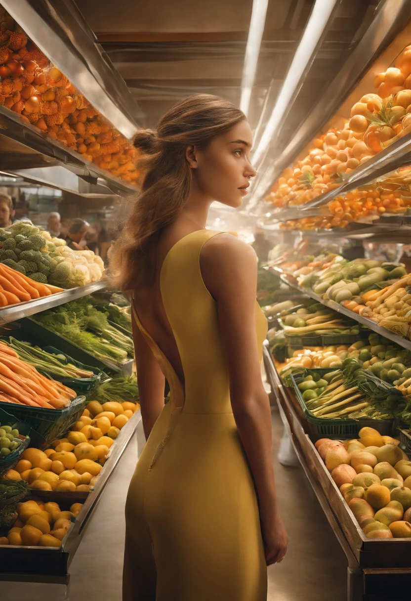A photo of Ava walking through a farmer's market, selecting fresh fruits and vegetables.,Ex Machina,Ava, the AI character from “Ex Machina,” possesses a striking appearance that blends human and robotic elements: a delicate, humanoid face with expressive eyes and features, set atop a transparent, mesh-like body that reveals her mechanical inner workings. This design creates a sense of otherworldly beauty and fragility, highlighting her advanced technology., female