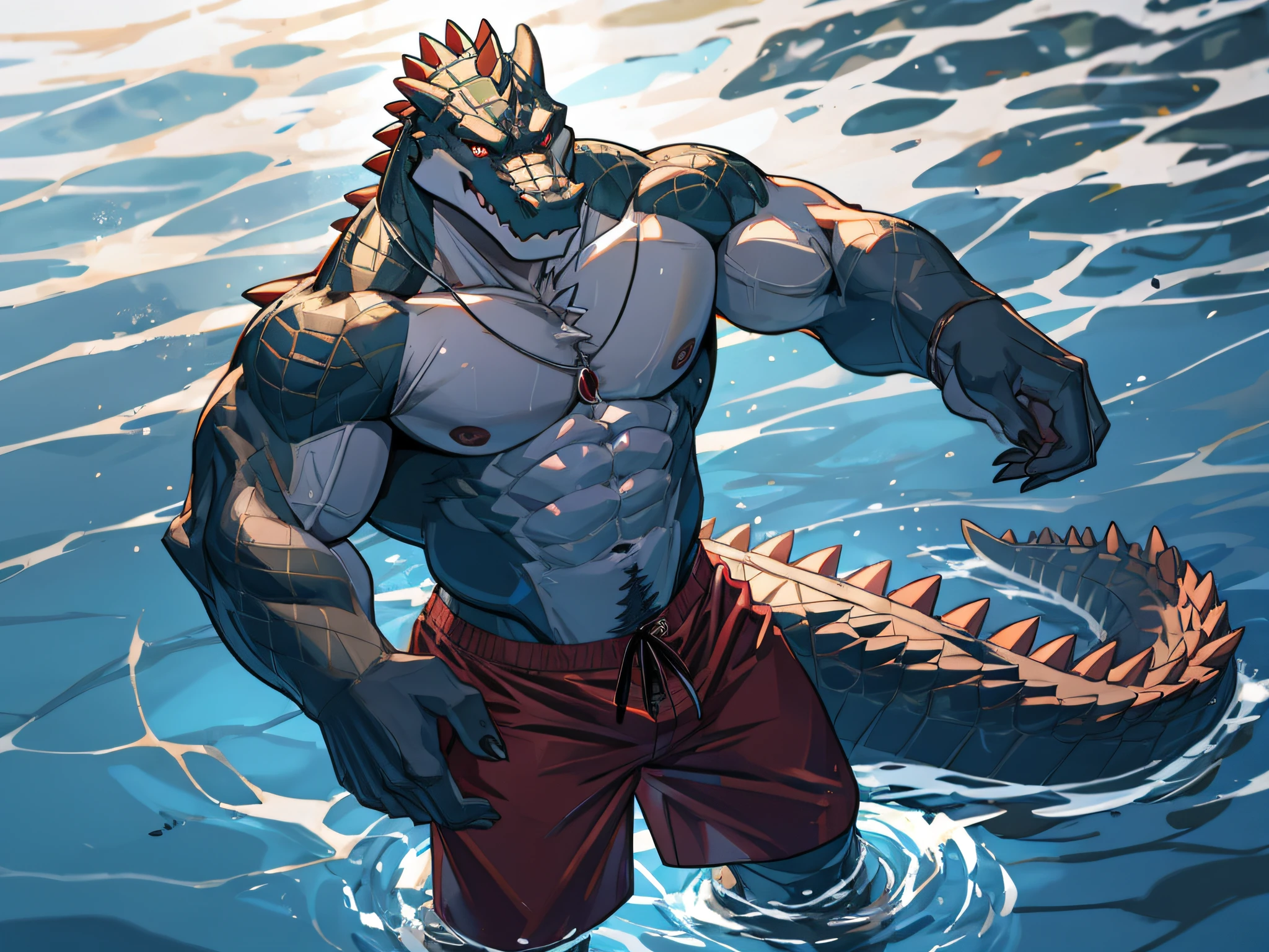 furry,bara,crocodile,masculine,timid, Red Eyes,muscular,No shirt..,He wore tight dark red swimming trunks..,standing by the lake