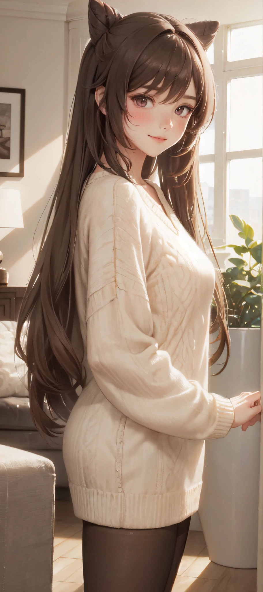 1lady, /(oversized sweater/) v-neck, mature female, /(brown hair/) bangs, blush, (masterpiece best quality:1.2) delicate illustration ultra-detailed, pantyhose BREAK /(modern house living room/) indoors, (((selfie))), (((petite))), (((frontlight))), (((nsfw))), (((lying on the back)))