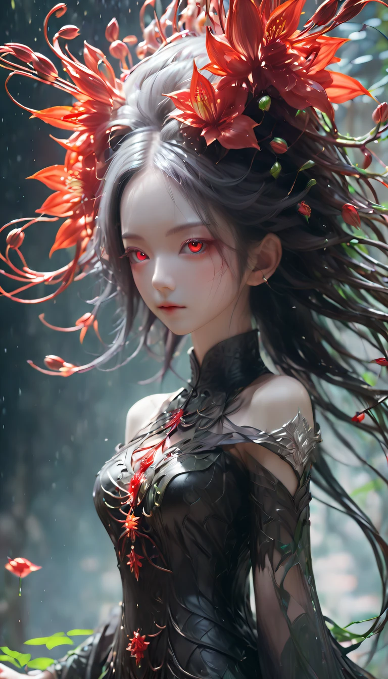 A magical girl whose body is made of vines, plant witch，Vine Queen，Witch of Thorns，The vines weave into a girl&#39;body，vines woven into clothing，(Lycoris close-up:1.5)，Flower of the other shore is charming，Mysterious Manzhu Shahua，Bloody ghost flowers blooming at the gate of hell，Leading the soul to the afterlife，Evil charm，Flirtatious，Excellent，witch womloy iron flower，Alloy vines are woven into a magical girl,Crazy vines intricate，Magical girl has iron flowers on her head，heavy metal style，metal art，flower made of iron，iron leaf，Full metallic luster，Metal texture in the post-industrial era，Crafts made from twisted alloy wire，gold flowers，Iron flower，Silver flower，metal tree branch，a crystal pendant，Emerald inlay，well-built，Perfect craftsmanship，Magic lightning background，blue lightning，There are fairies，dark fantasy style art, dark flower shaman, dark fantasy concept art, bloodborne concept art, dark concept art, Bloody ghost flower, Diablo digital concept art, dark fantasy art style, Dark flowers, 🌺 Computer Graphics Association, bloodborne art, tmasterpiece，art  stations，ultra-realistic realism，plant witch，Vine Queen，Witch of Thorns，photorealistic dark concept art, Concept film, Reuven Tan，Painting of woman weaving vines standing in front of devil, goddess of death, author：heroes, beautiful death goddess, beautiful elegant demon queen, dark fantasy style art, portrait of death, onmyoji detailed art, Persephone as the goddess of death, beautiful necromancer, Ominous fantasy illustration