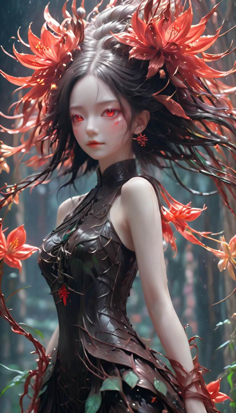 A magical girl whose body is made of vines, plant witch,Vine Queen,Witch of Thorns,The vines weave into a girl'body,vines woven into clothing,(Lycoris close-up:1.5),Flower of the other shore is charming,Mysterious Manzhu Shahua,Bloody ghost flowers blooming at the gate of hell,Leading the soul to the afterlife,Evil charm,Flirtatious,Excellent,witch womloy iron flower,Alloy vines are woven into a magical girl,Crazy vines intricate,Magical girl has iron flowers on her head,heavy metal style,metal art,flower made of iron,iron leaf,Full metallic luster,Metal texture in the post-industrial era,Crafts made from twisted alloy wire,gold flowers,Iron flower,Silver flower,metal tree branch,a crystal pendant,Emerald inlay,well-built,Perfect craftsmanship,Magic lightning background,blue lightning,There are fairies,dark fantasy style art, dark flower shaman, dark fantasy concept art, bloodborne concept art, dark concept art, Bloody ghost flower, Diablo digital concept art, dark fantasy art style, Dark flowers, 🌺 Computer Graphics Association, bloodborne art, tmasterpiece,art stations,ultra-realistic realism,plant witch,Vine Queen,Witch of Thorns,photorealistic dark concept art, Concept film, Reuven Tan,Painting of woman weaving vines standing in front of devil, goddess of death, author:heroes, beautiful death goddess, beautiful elegant demon queen, dark fantasy style art, portrait of death, onmyoji detailed art, Persephone as the goddess of death, beautiful necromancer, Ominous fantasy illustration