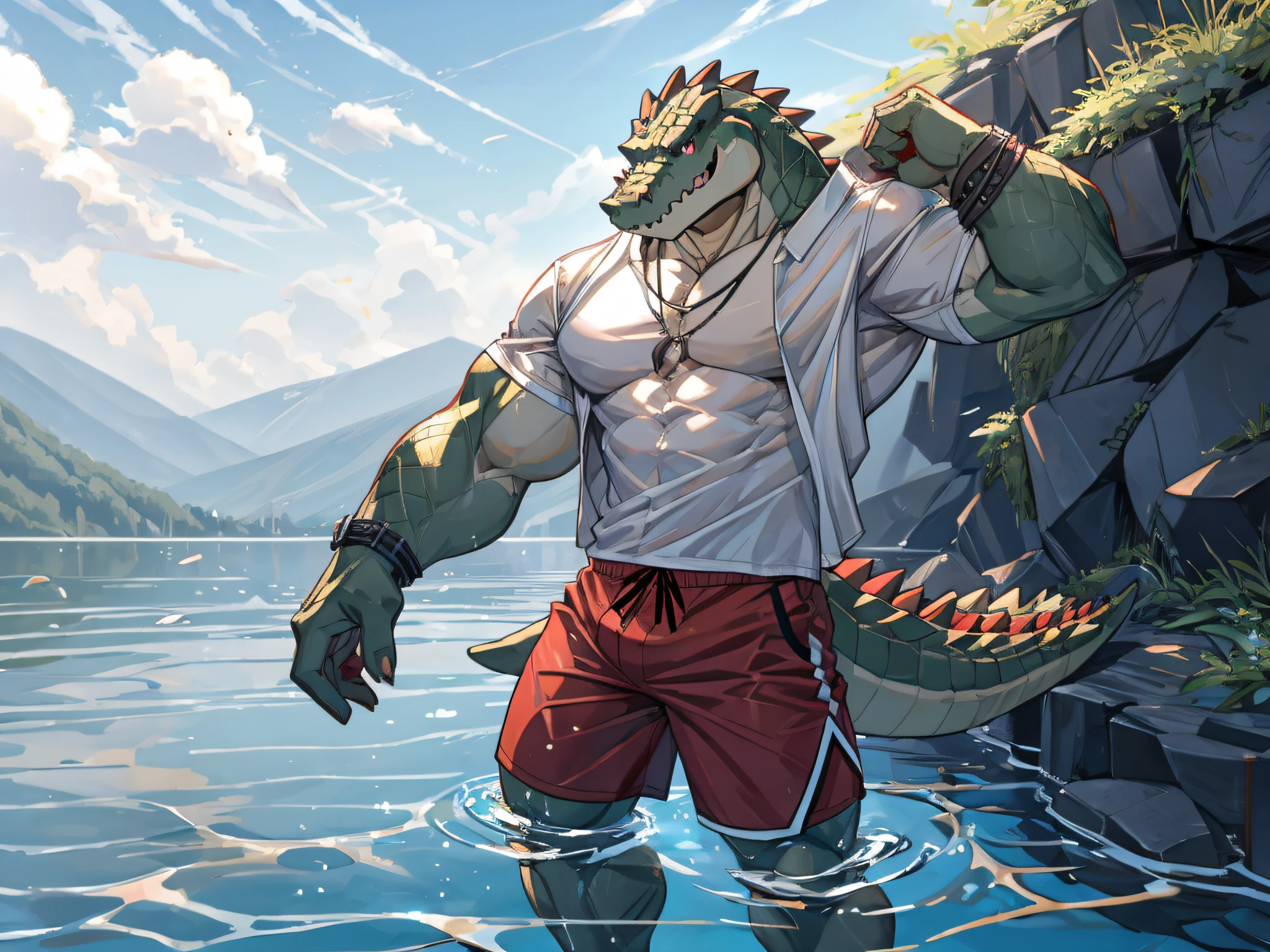 furry,bara,crocodile,masculine,timid, Red Eyes,muscular,No shirt..,He wore tight dark red swimming trunks..,standing by the lake