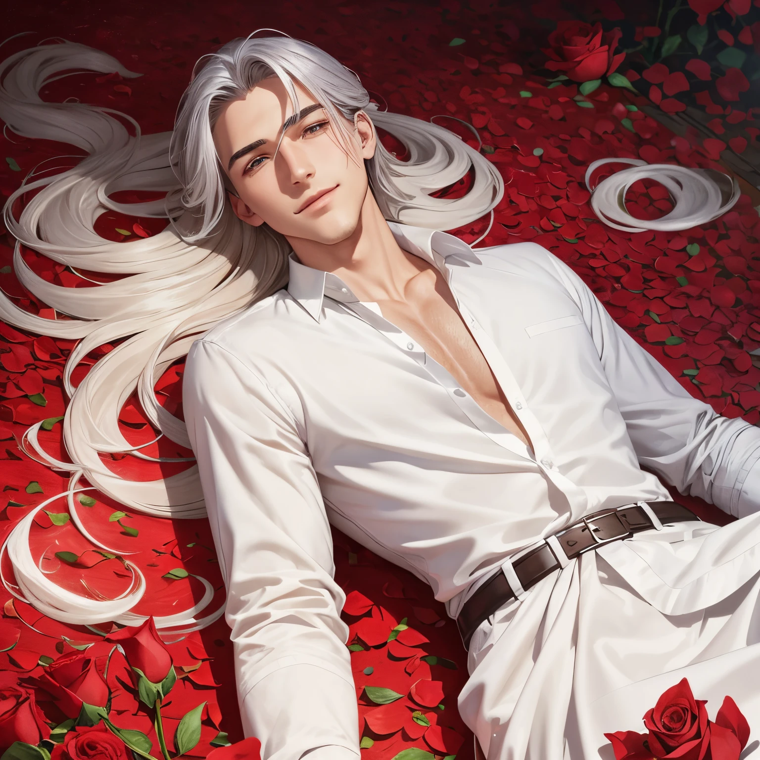 concept-art、Beautiful boy lying among red rose petals、(Beautiful neutral features)、Beardless、Lustrous skin、Crystal clear white skin、Smooth silver hair、dress shirts、Moisturized eyes、Smiling lips、Fantastical、Masterpiece、Beautiful depiction、4K