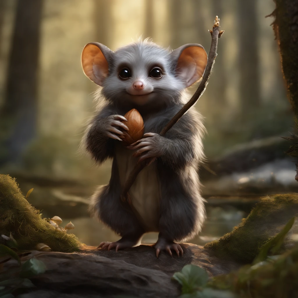 (CBZBB:1.25), ((gremlin),Zhkute, , Beautiful, Fantasy art, deviant art, trending artstation, Digital Art, Detailed, Realistic, humanoid, character, tiny, Cinematic shot, cinematic portrait of a mole ,gremlin, mole-like, bright silver and brown, long tail, large ears, covered with silver fur, water, stands on the shore, Best Quality, Masterpiece, in style of dark fantasy art, gremlin, mole-like, bright silver and brown, long tail, double nose, huge ears, covered with silver fur,tousled, five toes on each paw, holding a huge acorn in his paws, I'm standing in a forest clearing under the foliage of bast., acorns lie in the clearing, acorns glow, Crickets fly, Best Quality, Masterpiece, in style of dark fantasy art, fantasy-inspired, in the style of John Tolkien,