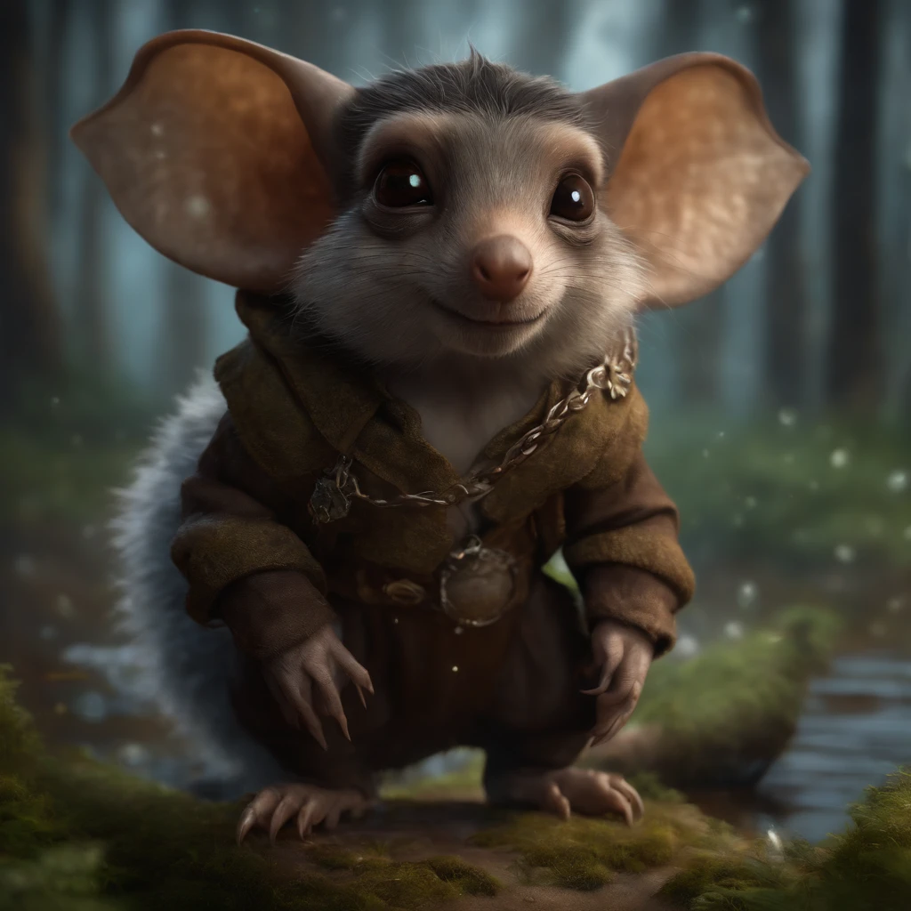 (CBZBB:1.25), ((gremlin),Zhkute, Small, baby, Beautiful, Fantasy art, deviant art, trending artstation, Digital Art, Detailed, Realistic, humanoid, character, tiny, Cinematic shot, cinematic portrait of a mole ,gremlin, mole-like, bright silver and brown, long tail, large ears, covered with silver fur, water, stands on the shore, Best Quality, Masterpiece, in style of dark fantasy art, gremlin, mole-like, bright silver and brown, long tail, double nose, huge ears, covered with silver fur,tousled, five toes on each paw, holding a huge acorn in his paws, I'm standing in a forest clearing under the foliage of bast., acorns lie in the clearing, acorns glow, Crickets fly, Best Quality, Masterpiece, in style of dark fantasy art, fantasy-inspired, in the style of John Tolkien,