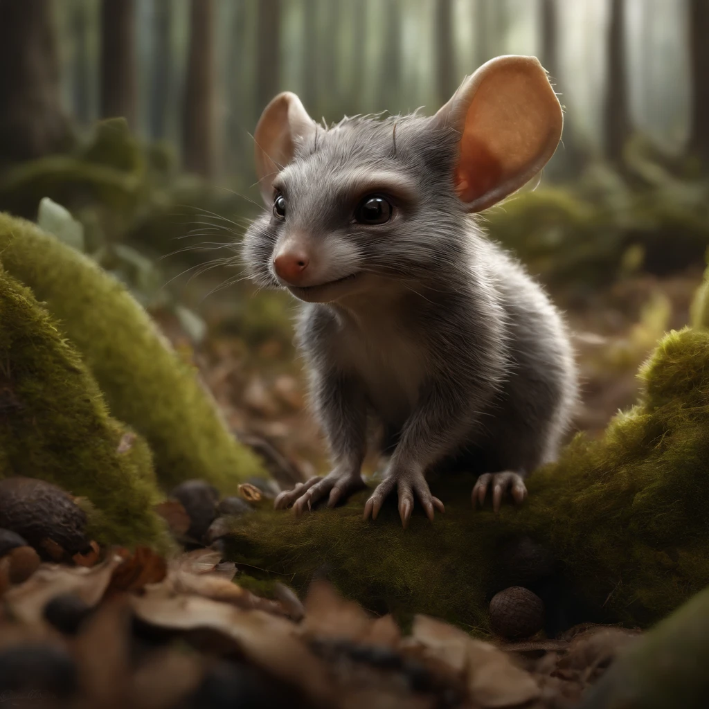 (CBZBB:1.25), ((gremlin),Zhkute, Small, baby, Beautiful, Fantasy art, deviant art, trending artstation, Digital Art, Detailed, Realistic, humanoid, character, tiny, Cinematic shot, cinematic portrait of a mole ,gremlin, mole-like, bright silver and brown, long tail, large ears, covered with silver fur, water, stands on the shore, Best Quality, Masterpiece, in style of dark fantasy art, gremlin, mole-like, bright silver and brown, long tail, double nose, huge ears, covered with silver fur,tousled, five toes on each paw, holding a huge acorn in his paws, I'm standing in a forest clearing under the foliage of bast., acorns lie in the clearing, acorns glow, Crickets fly, Best Quality, Masterpiece, in style of dark fantasy art, fantasy-inspired, in the style of John Tolkien,