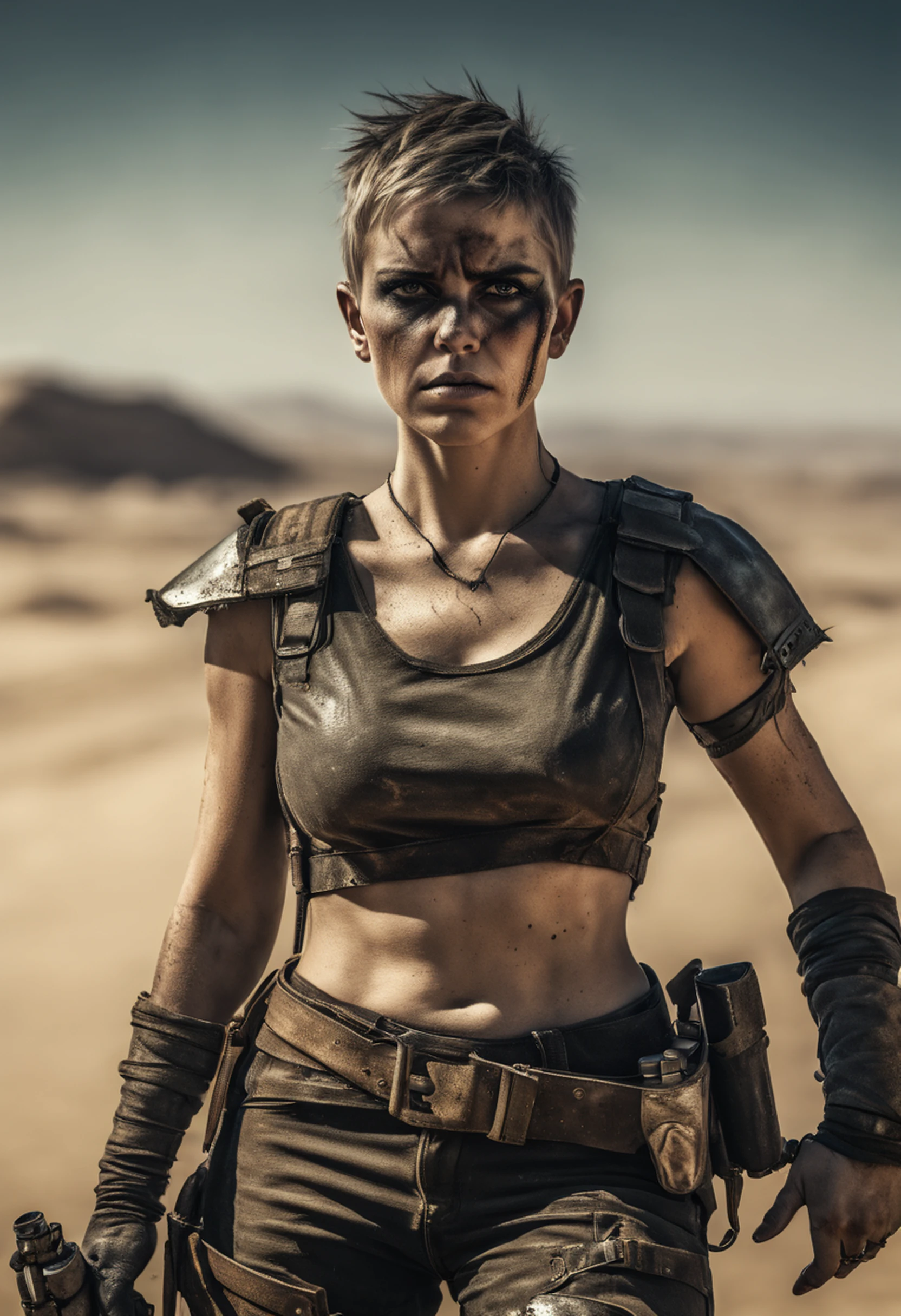 Furioso,Mad Max,Mulher magra,short hair,rosto pintado,Meio preto,enormes olhos azuis,illustration,circunstanciado,rosto e olhos altamente detalhados,fundo do deserto,fierce expression,dystopians style,color grading:Contraste,low key lighting,Altas,arte conceitual,Action,post apocalyptic,corajoso,beleza dura,forza,Ferocidade,valentia,survival,areia,dust,Motocicletas,guerreiro da estrada,tinta de guerra,Lone Warrior,autorizado,Rebeldes,Strength in adversity,desafio,ousado,determinado,O Escolhido,Grave,destemido,vigilante,unyielding,grain,sobrevivendo contra todas as probabilidades,robusto,Relentless,corajoso,Leader,engenhoso,roupas esfarrapadas,perigoso,explosivo,aventura,emocionante,supremacia do deserto,dominance,calor escaldante,resistance,hero of darkness,unshakable,confrontation,vivid colors,terreno acidentado,heroine,energia,intenso,vigor,sacrifice,epic showdown,Thunder Dome,action-packed,post-apocalyptic world,Adrenalina,Teste final,Thrilling chase,relentless landscape,desolation,post-collapse society,inporial wastelands,Remnants of civilization,beleza robusta,fim dos dias,um teste de vontades,Battle for survival,Apocalyptic War.
