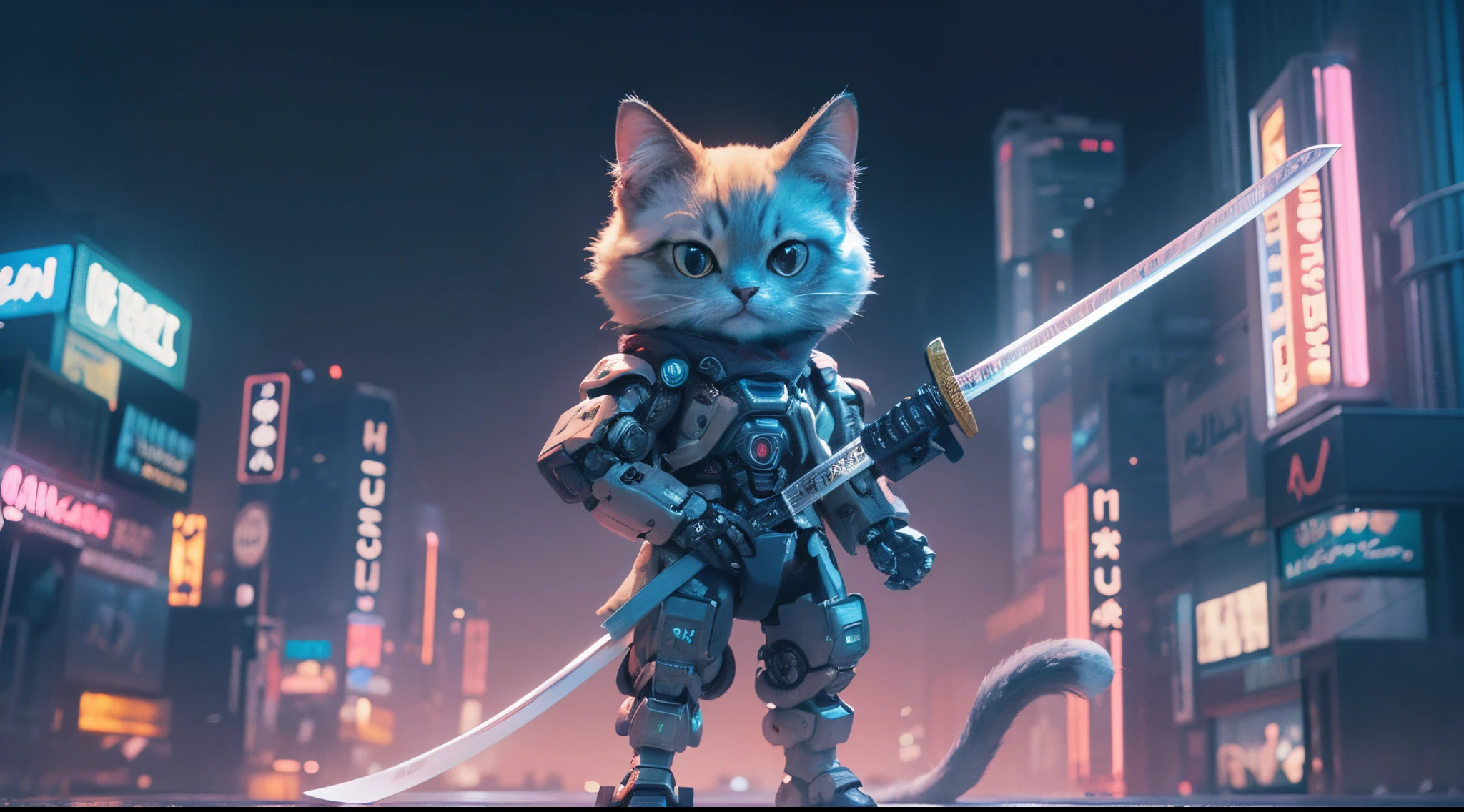 a cute fluffy cat in mecha suit in action pose wielding a katana with arabic neon city background, serious face, nighttime, fisheye lens, establishing shot, pastel color grading, depth of field cinematography effect, film noir genre, 8k resolution, high quality, ultra detail