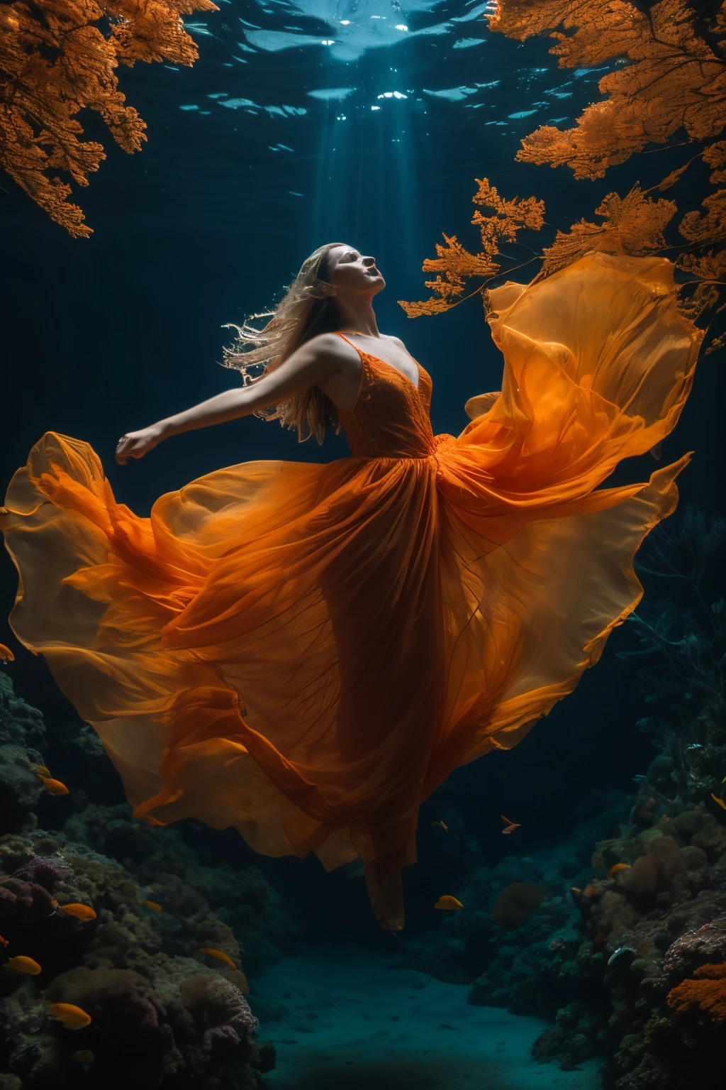 una mujer con un vestido largo flota en el agua, underwater photography, Retrato de una mujer bajo el agua, vestido fluido, ethereal yellow orange, vestido hecho de fuego, Karol behind UHD, she is floating in the air, Pelo largo de color naranja flotando en el aire, vestido fluido, cabello largo y suelto bajo el agua, Usar un vestido fluido, fine art fashion photography, dramatic magic floating pose