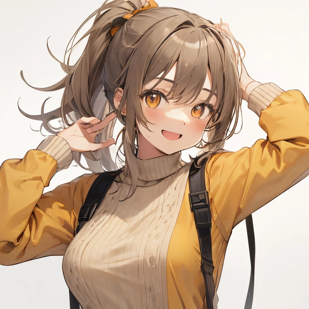 【Highest Quality, masutepiece】 [girl, Manteau, expressioness,deep orange eyes, front facing,dark brown hair,long ponytail hair,yellow knit cloth, Upper body] (Gray white background:1.2),very happy smile,boobs,