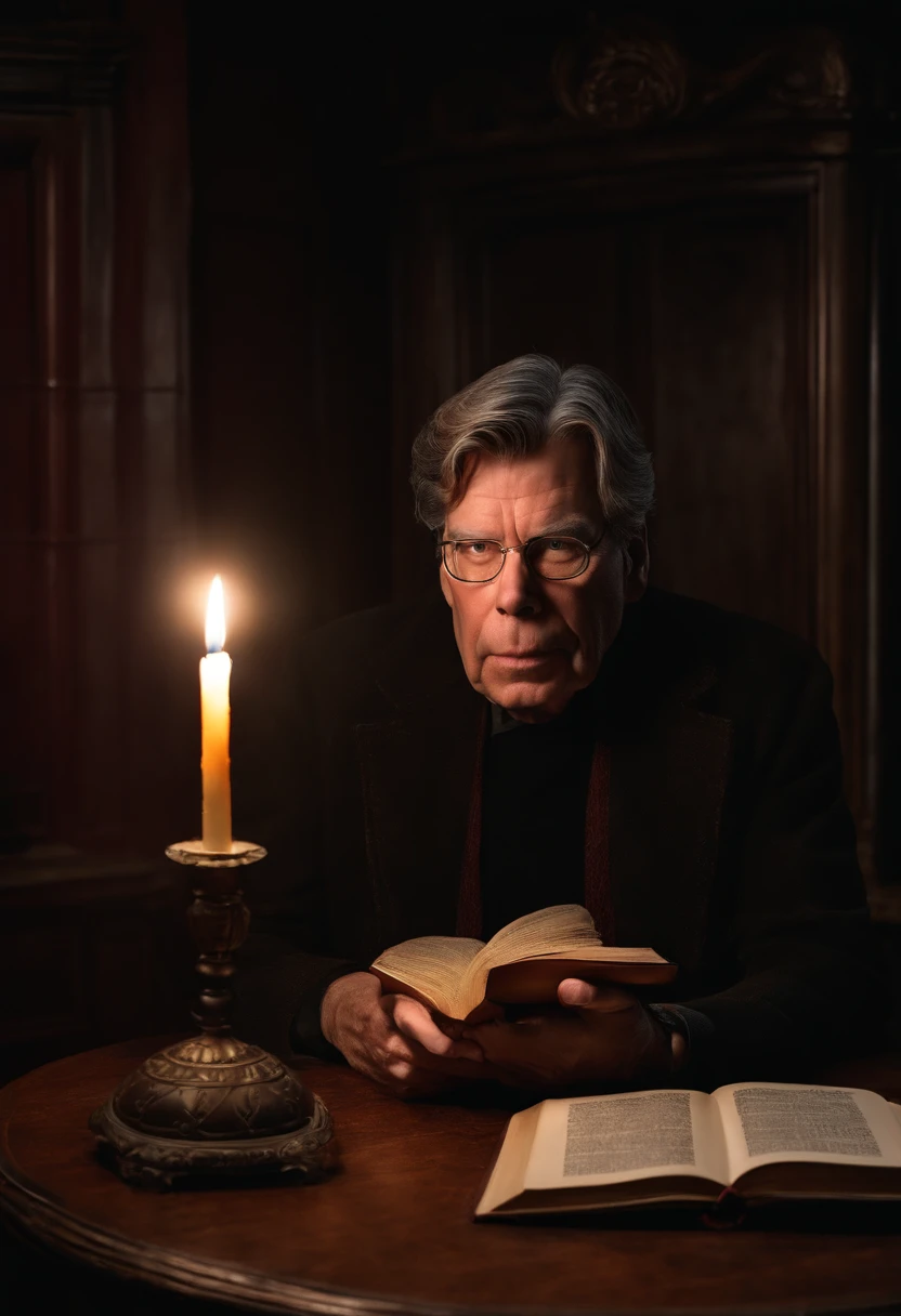 A dark room with a flickering candle and a leather-bound book,original,Portrayed by Stephen King, the American author, himself, male