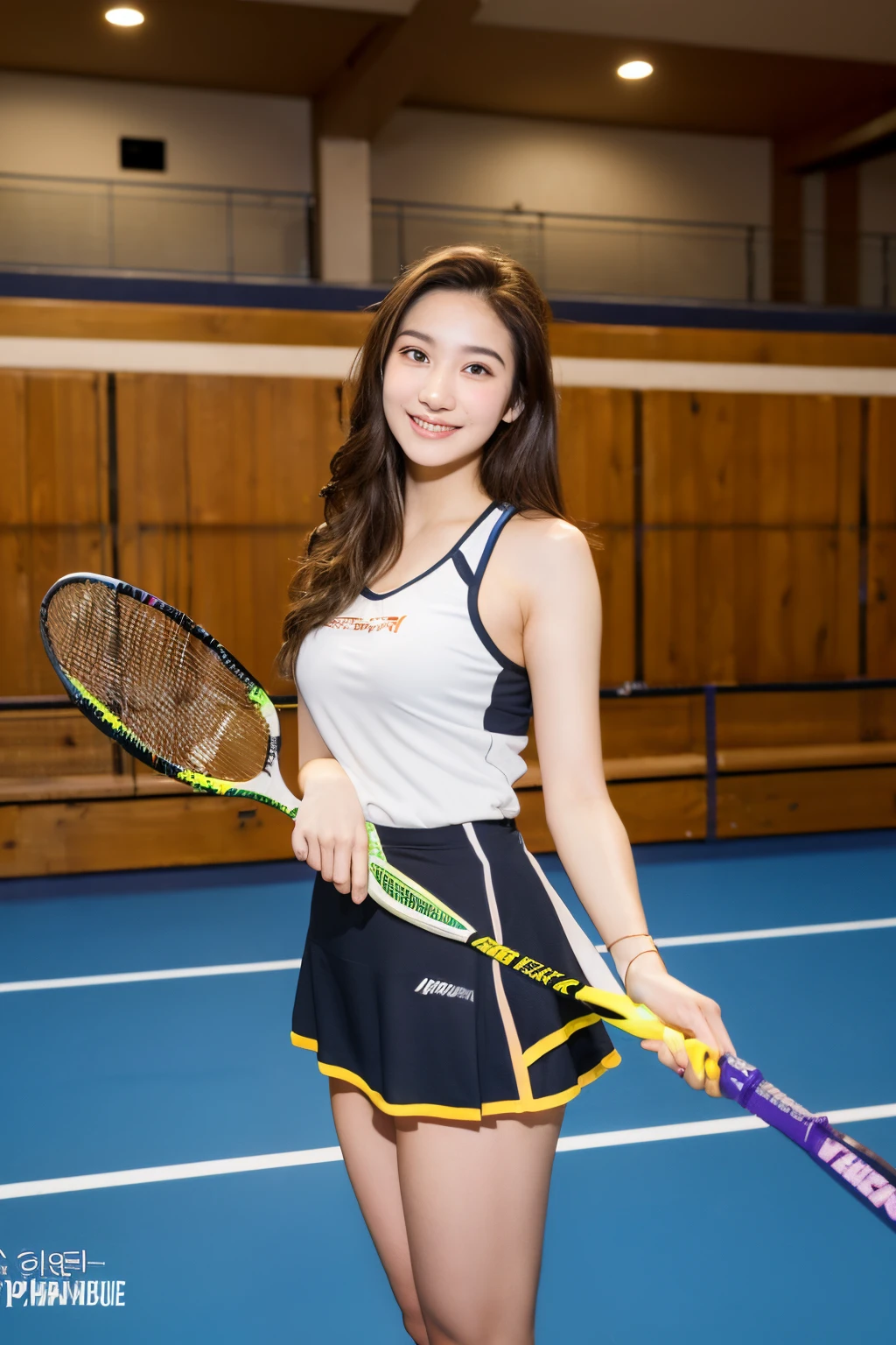 top-quality、facefocus、softlight、(depth of fields)、超A high resolution、(Photorealsitic:1.4)、Raw photography、portlate:1.4、((Women's Badminton Players))、sity、 1girl in, 独奏, Cute with big eyes, full of shyness, (A smile:1.2), (Black eyes,catchlight), Detailed beautiful skin, (tiny chest), ((Gym clothes for practice、skirt by the、Holding a badminton racket with right hand、There are 5 fingers on the left and right hands))、((Indoor badminton practice field on background)),