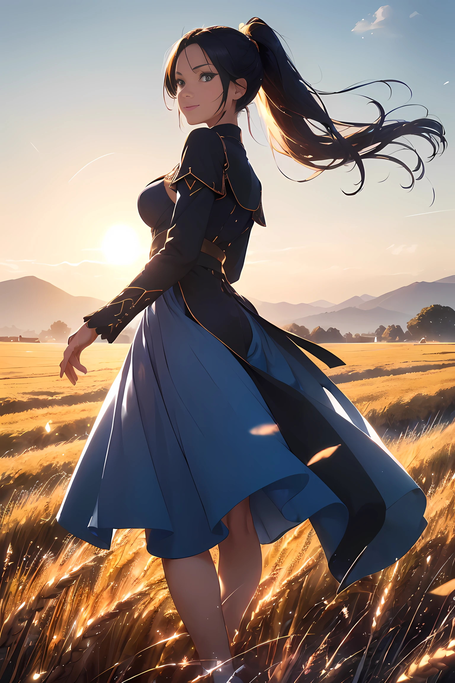 a beautiful  woman, (((1 girl, Alone, jogging, (wheat field), Turn around, eBlue eyes, Long blue dress, medieval times, medieval clothing, long sleeve sunset, light from behind, shadows on characters, ssmile, giggles, (blue-sky), Against the background of wheat, Stand far away, looking at viewert, whole-length
, elegance under the sun, Athletic sports, Images look lifelike))), ((perfect body figure, pretty  face, pretty  face, A MILF, 46 years old, Royal, blazing black hair, ponytail haircut, Beautiful skins, Hair is extremely detailed, finely detailled)), (((电影灯光, beautiful lighting effects, creative design, full body in frame, holy halo, hard harmony , Light shining, Perfect color transitions, The perfect balance of contrast, Perfect color layer, Perfectly smooth color blur, soft render, Smooth color strokes, rays of moonlight, Optical lenses, Moonlight rays, pastelcolor, Smooth color blending, perfect color rendering, and harmonious, perfect color harmony, Beautiful colors, soft harmony, Light particles, Perfect details, Complicated details, color prism, finely detailled, Perfect the details, Intricate armor details, Fine armor, Clothes have a smooth texture))), Tachibana Daimyo art style, Affectionate look, half smile, The mouth opened slightly, There is a gentle expression on his face, Peaceful scenery of grassland under sunshine, Grass floats around, dispassionate, Breeze and sunshine background, butterfly in sky, hentail realism, ((Best quality at best))),8K,((tmasterpiece)),(Extremely Delicately Beautiful)