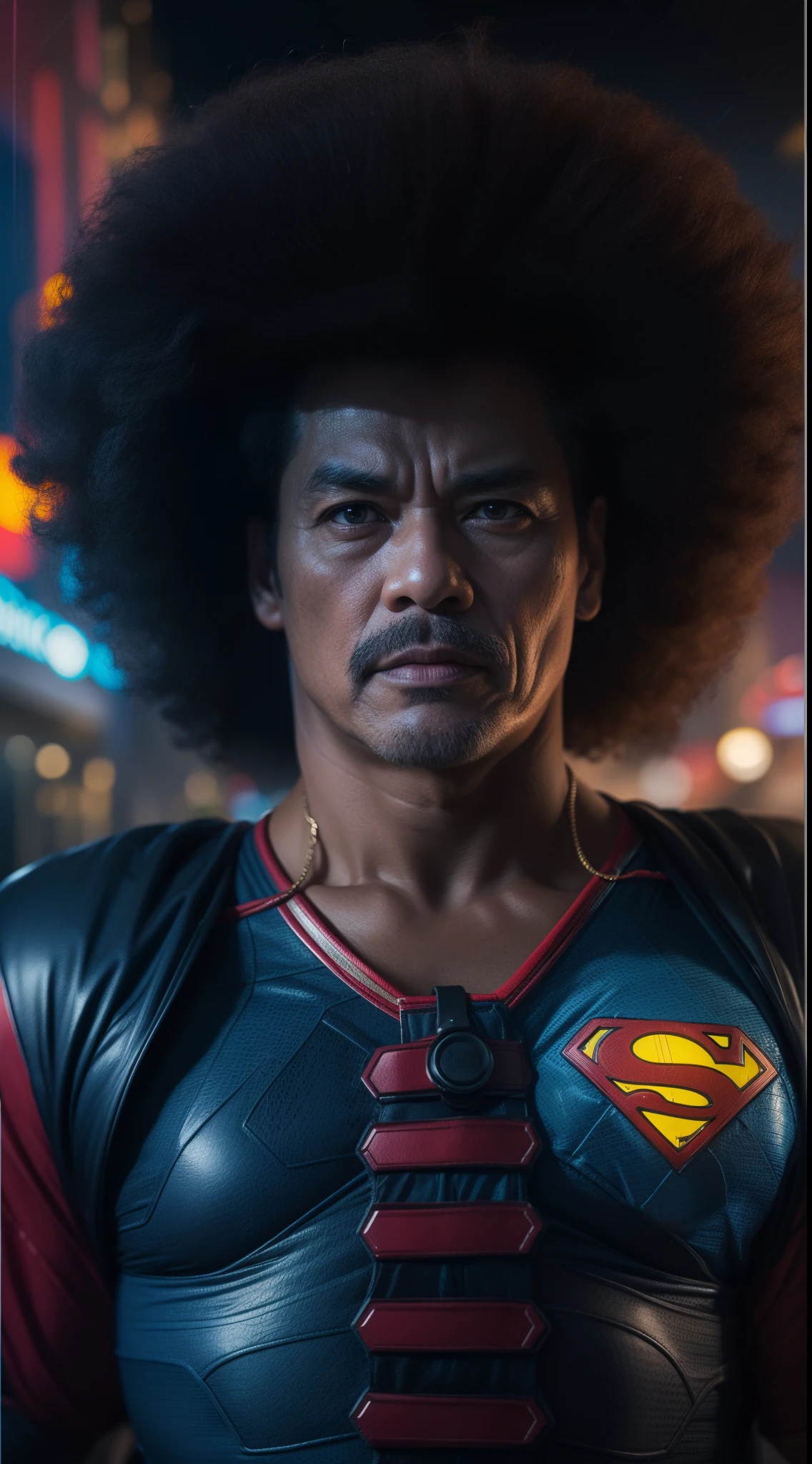 a 70 years old malay man in superman costume outfit with big afro hair standing in front of a bustling crowded night club holding a big colorful lollipop, night, serious face, nighttime, in superman movie style, hyper - realistic photography, dramatic effect, smoke effect in background, dark color grading, full body, 8k, close - up shot, extreme close - up photo