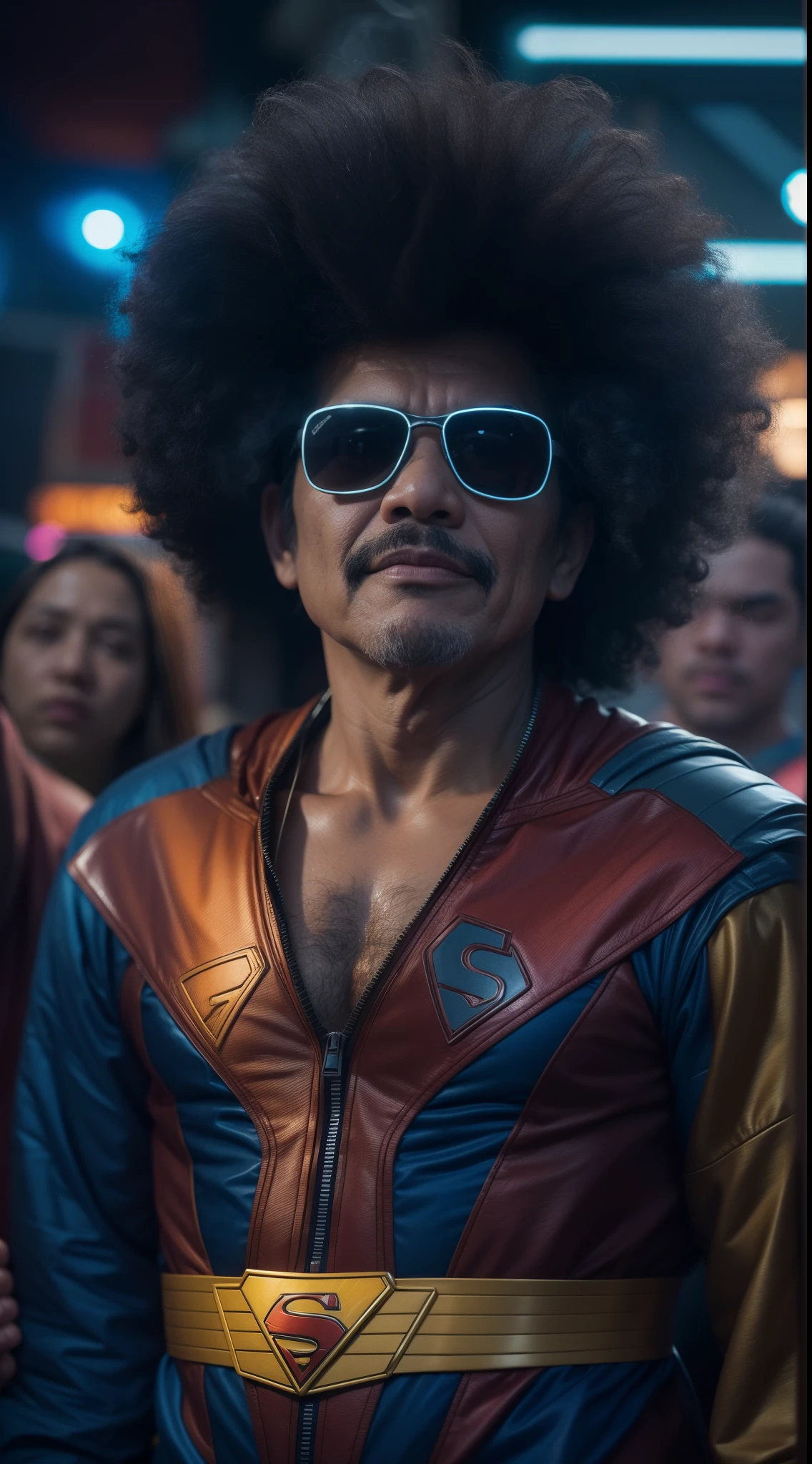 a 70 years old malay man in superman costume outfit with big afro hair standing in front of a bustling crowded night club holding a big colorful lollipop, night, serious face, nighttime, in superman movie style, hyper - realistic photography, dramatic effect, smoke effect in background, dark color grading, full body, 8k, close - up shot, extreme close - up photo