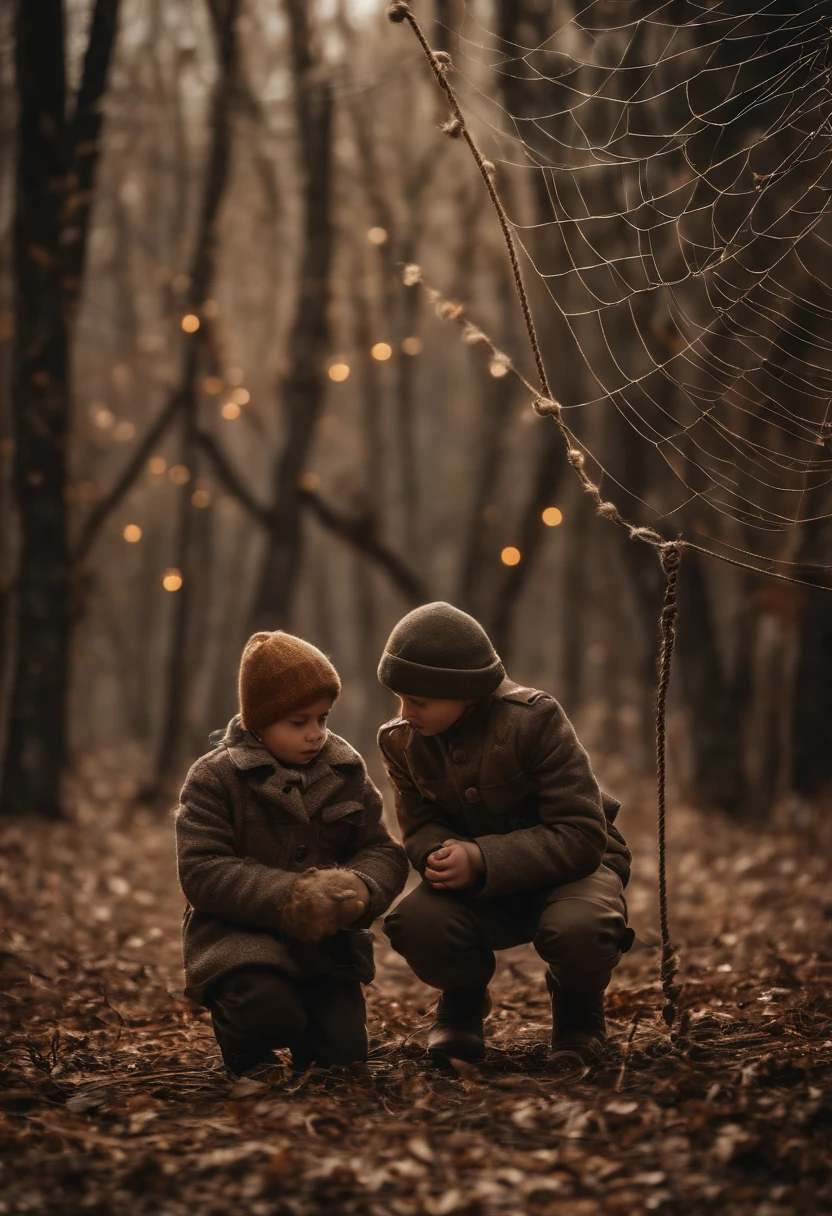 Stretch a spider web-shaped rope、Christmas in Ukraine with lots of big spider-shaped toys hanging up、A boy and a soldier kneel in their experience and pray for peace.、