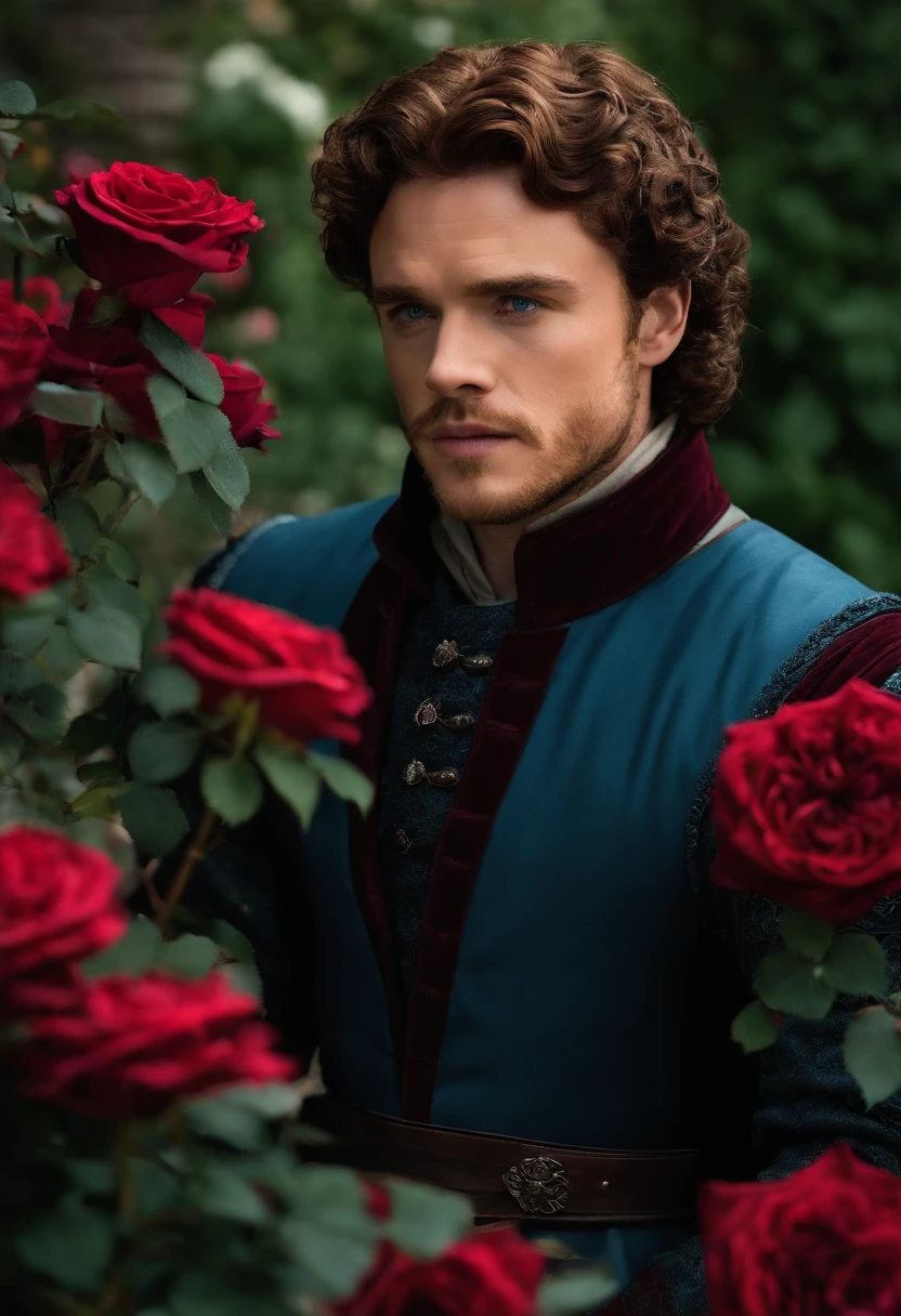 A photo of Robb admiring the freshly bloomed roses in the Winterfell garden,Game of Thrones TV series,Robb Stark has curly auburn hair, blue eyes, and stubble. Famously portrayed by Richard Madden., male