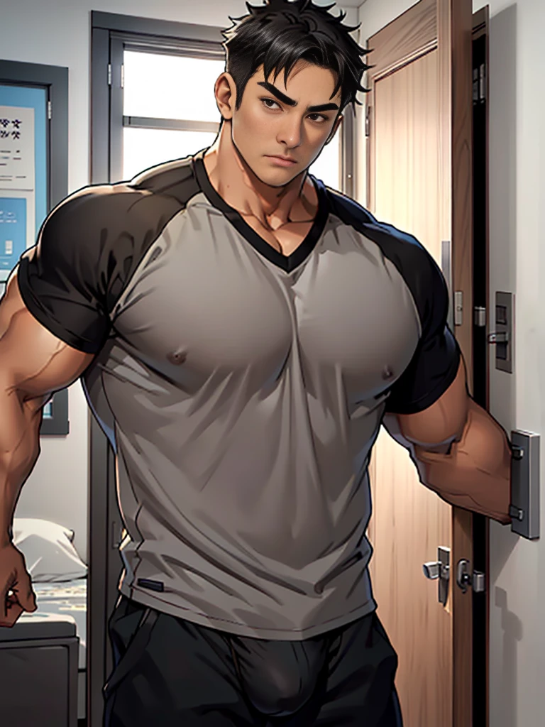 nsfw, (Masterpiece, Best Quality:1.3), 1Boy, asian, side part hairs, Short hair, Black hair, dark brown eyes, (gray v neck t shirts:1.2), (raglan t shirt:1.2), (Pectoralis major: 1.5), (Men's breasts:1.5), huge chest, huge thighs, swim brief, underwear, (huge bulge:1.3), fat men, thick arms, thick legs, fat body, Huge fat, strong, upper_Body=(face_door_torso), closed mouth, In bedroom,