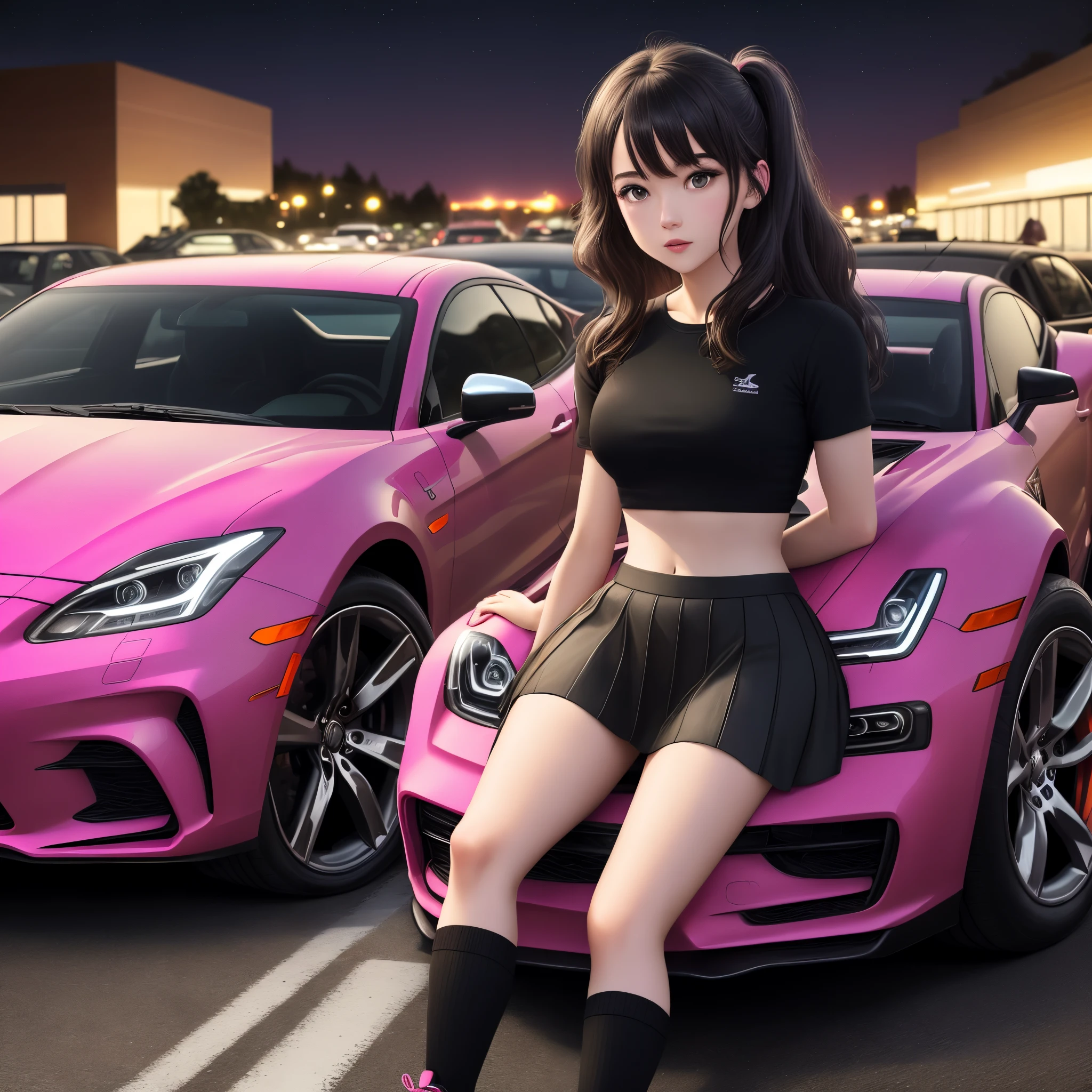 you sent appears to be a photo-realistic image of a person sitting on the hood of a car in a parking lot at night. The person's face is blurred out. They are wearing a black crop top and a black skirt with white stripes, along with black knee-high socks and black sneakers. The car is a gray sports car with a pink stuffed animal on the windshield. The background consists of other cars in the