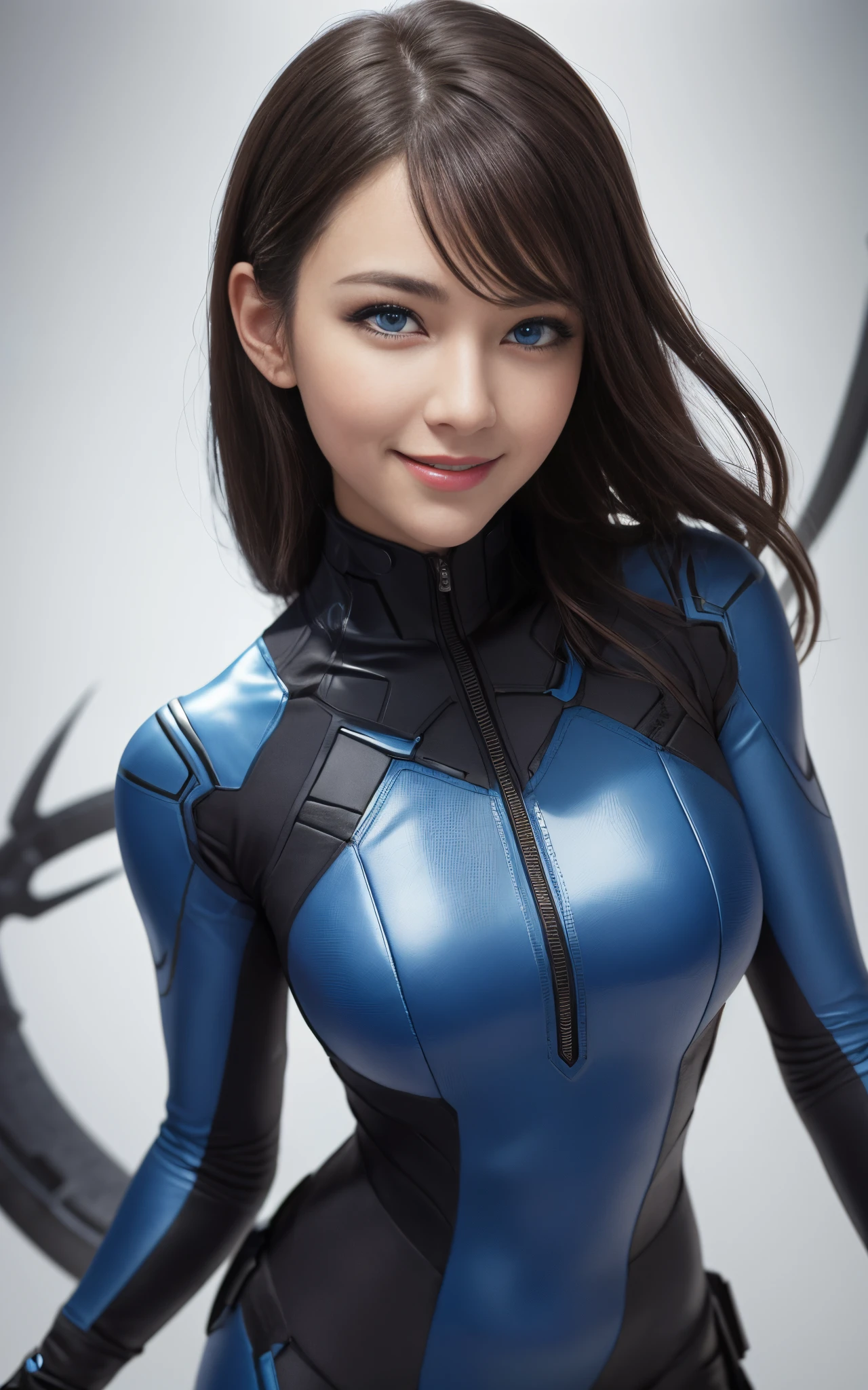 blue eyes, stunning proportions, smile, dark zero suit, photorealistic, intricate details, spiffy bodysuit