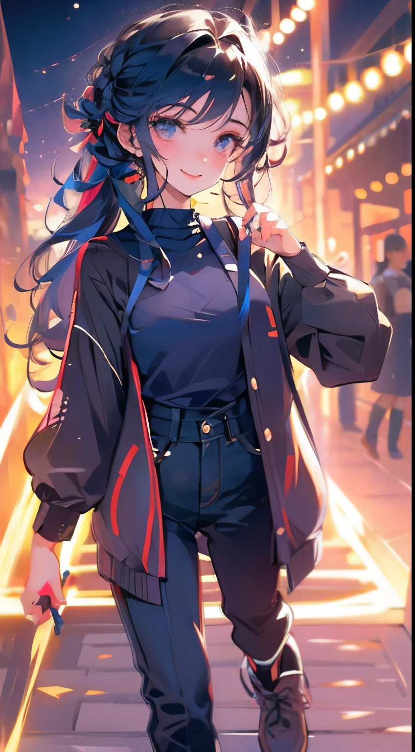 Estilo anime, noite, Sala de estar, Mulher adulta frontal ethinic random, hair multcolor aleathory, sorriso malicioso, walking in streets