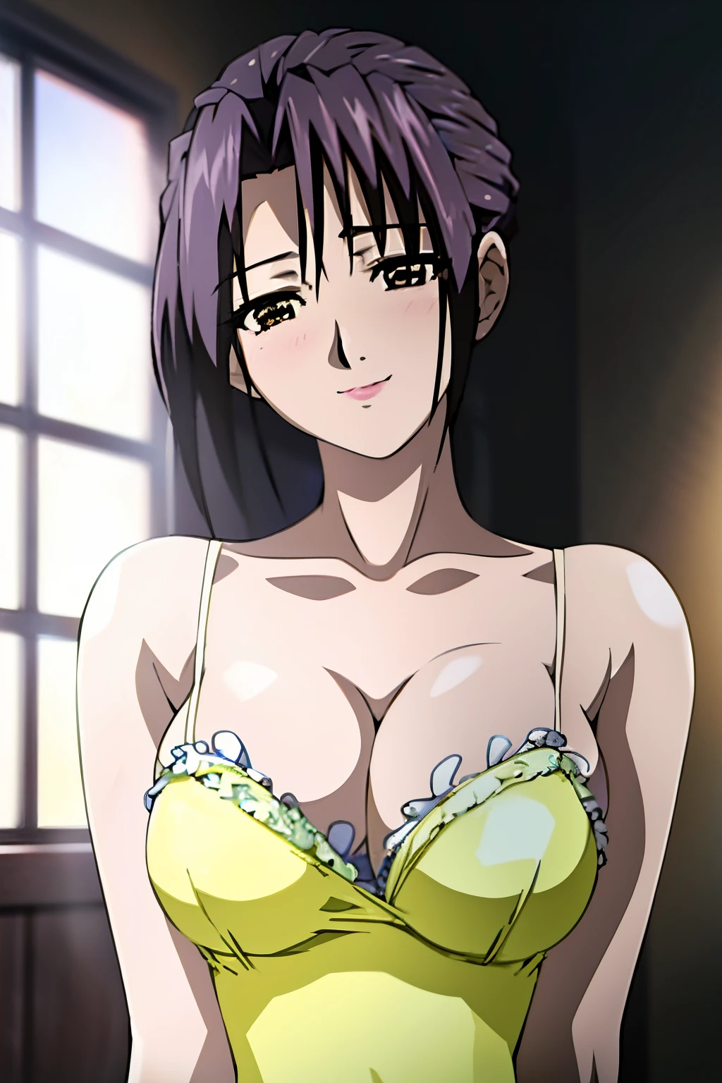 extremely detailed,best quality, photorealistic:1.3 , detailed face, seductive smile, heart, highres, shiny eyes, pale skin, lustrous skin, sexy purple lacy slip dress, misako,8K, HDR