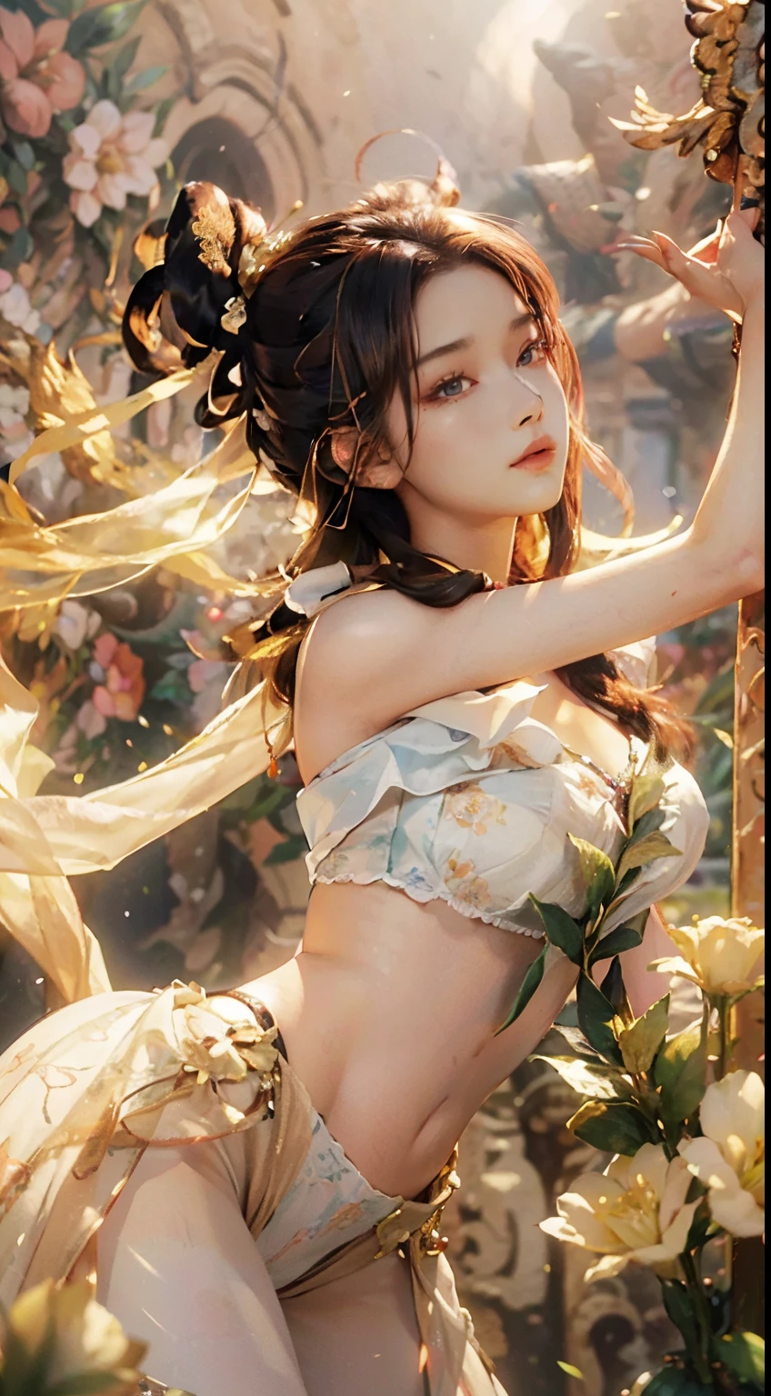 (hyperrealistic), (illustration), (high resolution), (8K), (extremely detailed), (best illustration), (beautiful detailed eyes), (best quality), (super detailed), (masterpiece), (wallpaper), (detailed face), solo, (dynamic pose), 1girl, white off-the-shoulder shirt with sexy super short yoga pants, bare shoulders, blooming flower field, glowing skin, light smile, camel toe, (), (no bra)