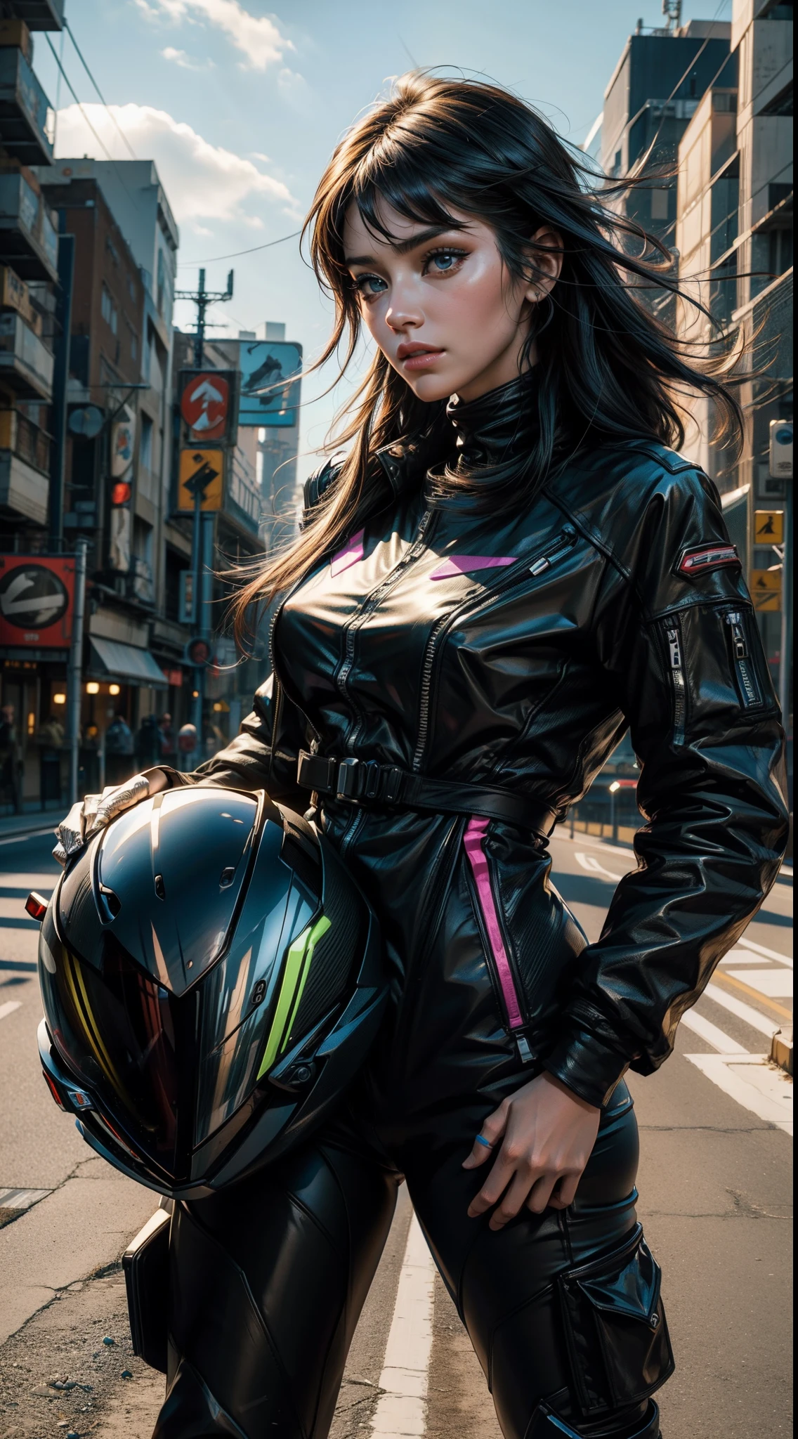 Cyberpunk, Super Racing Neon Effect Racing Moto de course, sur la route roule rapidement, with motorcycle helmet on the head, Landscape passing by at high speed, Voyage Road Trip Route 69, Une belle fille avec, UHD Portrait, (High quality) (ultra details) Regarder le spectateur en tenue de ville de style hip-hop; different, colourfull, cheveux longs 🌈