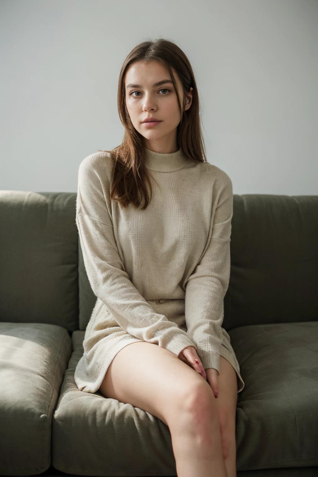 woman sitting on a green couch, sitting in a lounge, shot on leica sl2, sitting down casually, by Louisa Puller, shot on leica, by Lee Loughridge, young lady, cool looking, relaxing on a couch, lounging on expensive sofa, lounge, sitting on a couch, sitting on a sofa, with a cool pose