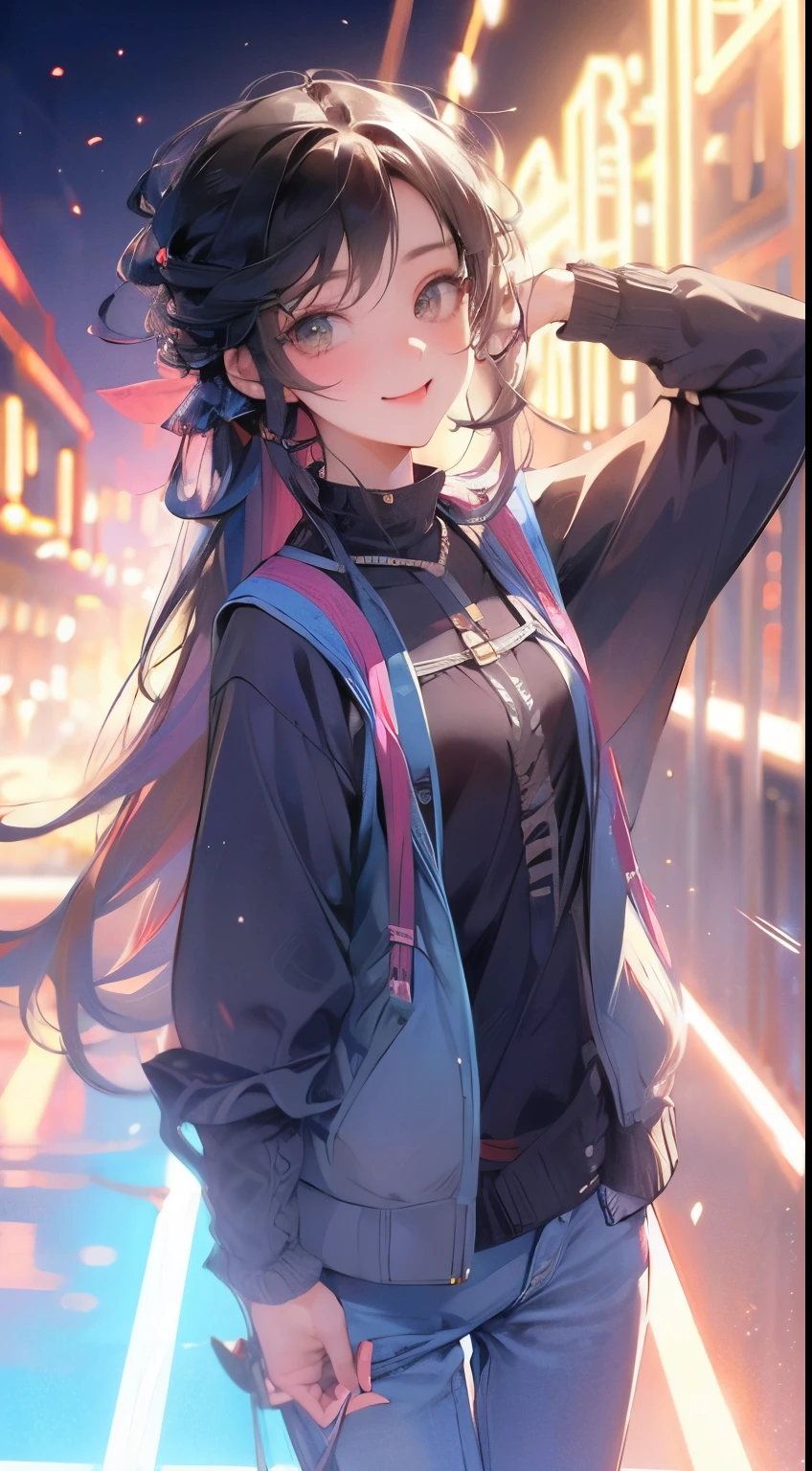 Estilo anime, noite, Sala de estar, Mulher adulta frontal ethinic random, hair multcolor aleathory, sorriso malicioso, walking in streets