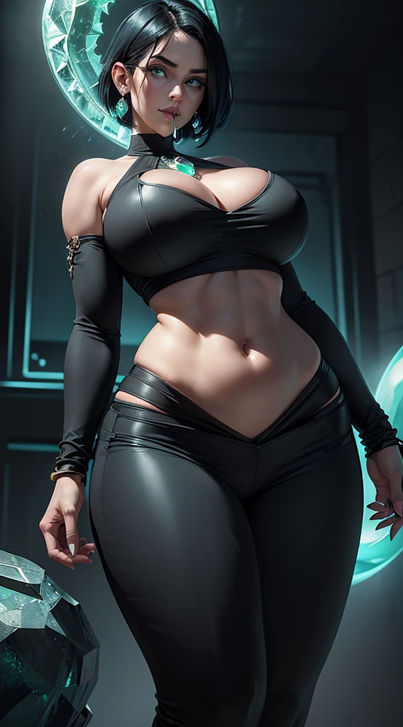 woman, glowing green eyes, smiley, black hair, blue gradient hair, short hair, super loose shirt, and wearing black mini bottoms, huge waist:1.3, (((black long tube in her mouth))), ((huge breasts)), huge hip, (detailed face:1.2), (detailed eyes:1.2), (detailed background), (((huge body))), (((huge hips))), ((slightly far from shot)), ((((gem coming out of her navel))))