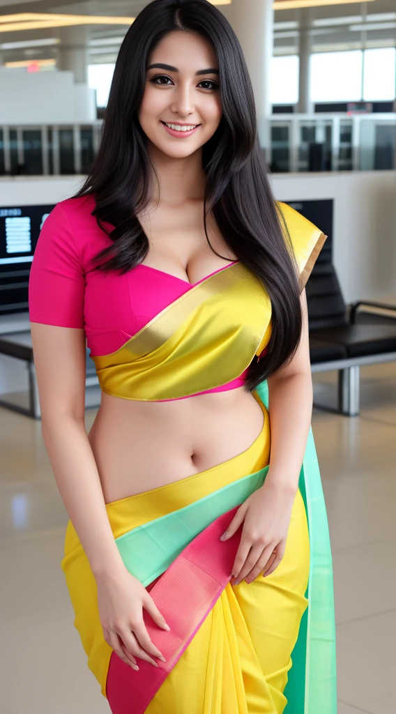 Indian 23 years old beautiful deferent face cute sexy girl beautiful modern deferent modern colorful t-shirt and wiring Chanderi yellow saree, big c-cup breast, deferent modern hairstyle, bright eyes, thin eyebrows, fair skin, blushing cheeks, prefect curvy body, head to thigh view, smiling face, Kamasutra expression, standing on beautiful airport different background, ultra realistic, head to thigh view, black hair, cleavage, front standing view