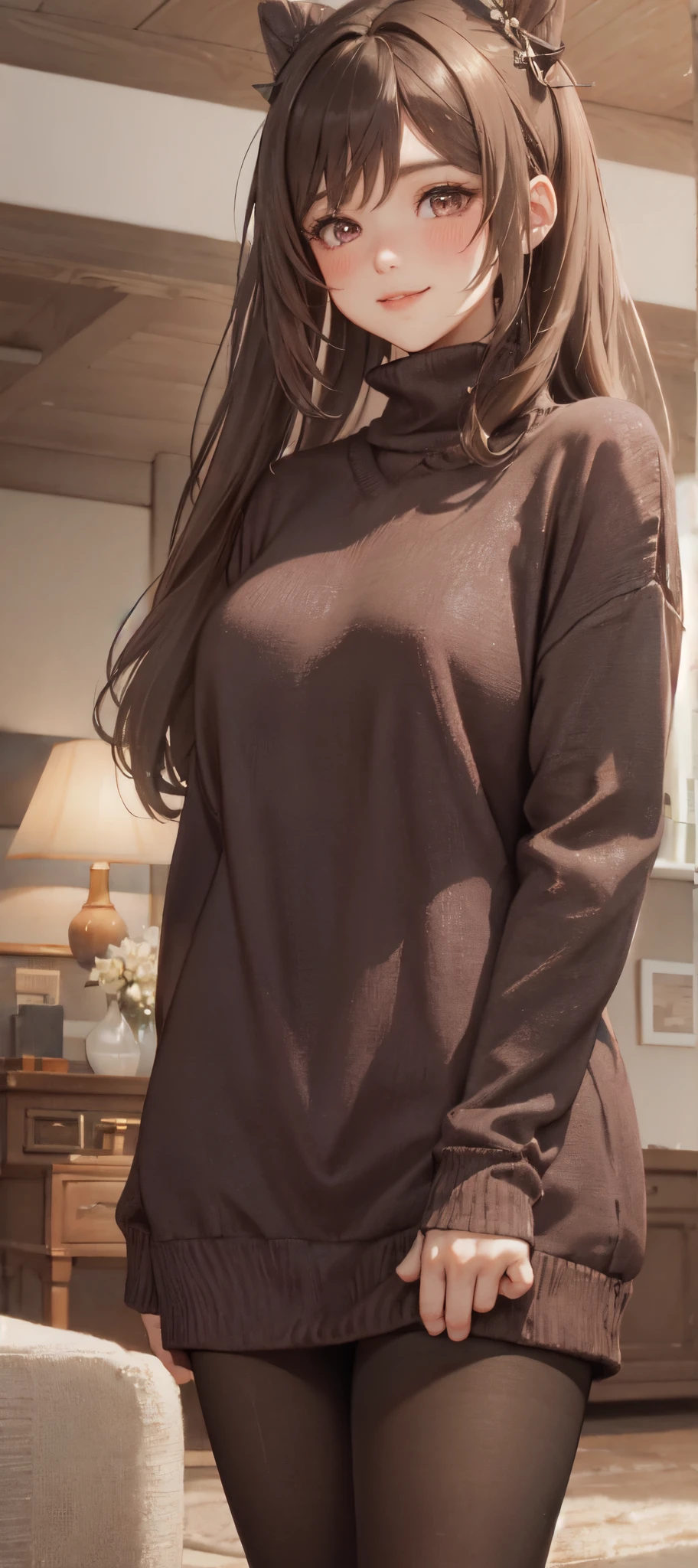 1lady standing, /(oversized sweater/) v-neck, mature female, /(brown hair/) bangs, blush kind smile, (masterpiece best quality:1.2) delicate illustration ultra-detailed, pantyhose BREAK /(modern house living room/) indoors