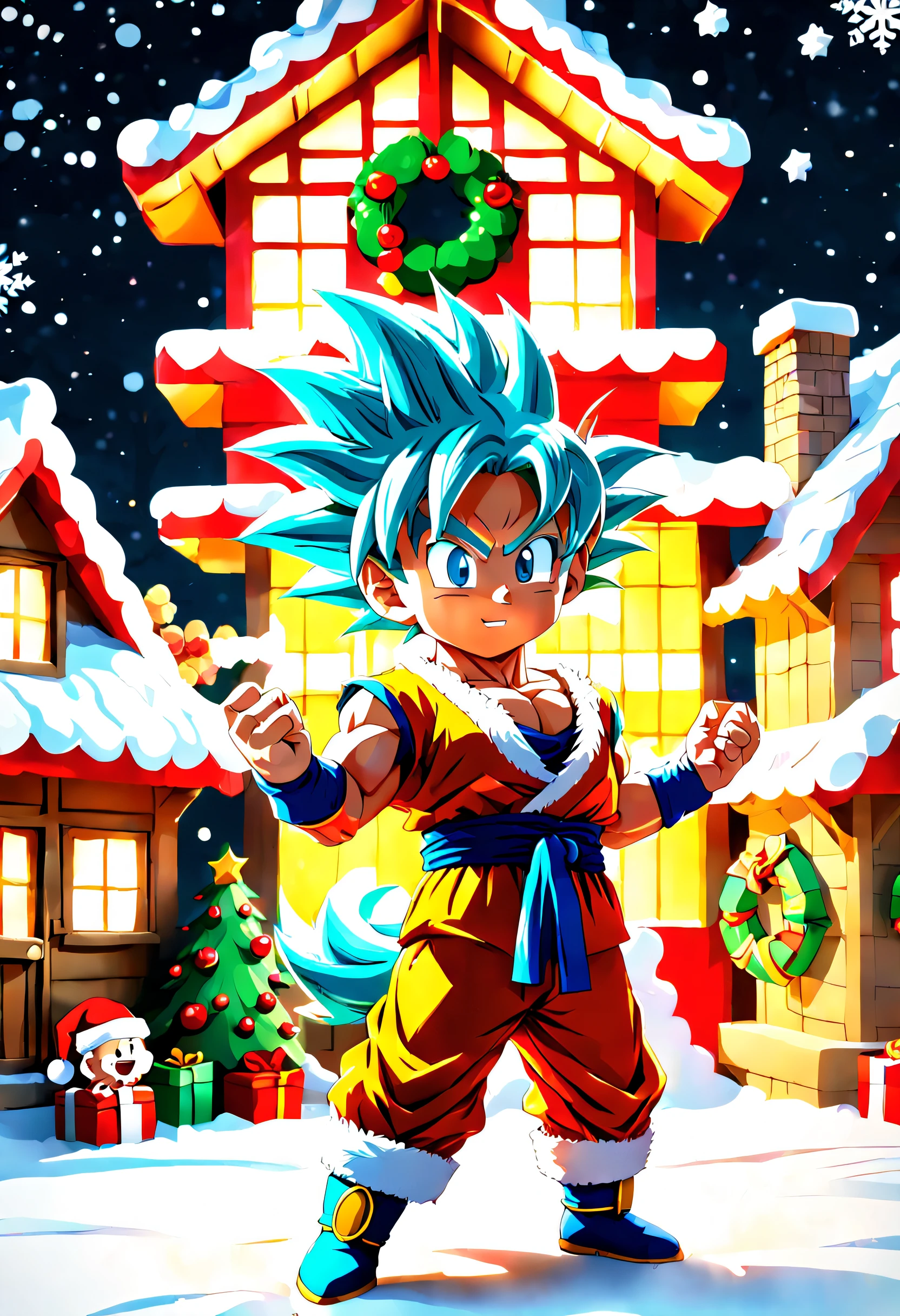 Incredible quality in 4K resolution, chibi style with Christmas elements. | ((Goku, transformed into Super Saiyan)), takes on an adorable chibi style while wearing Santa Claus's outfit. He is at the entrance of Santa's festively decorated house, holding a bag of presents. Christmas effects, such as bright lights, garlands, and snowflakes, create a charming atmosphere. | The camera highlights Goku's animated expression as he radiates joy while distributing gifts. The chibi style adds a touch of cuteness to the scene, perfectly balancing the Christmas character and Goku's power. | Composition that emphasizes the Christmas atmosphere, using lighting effects to enhance the magical elements. Careful details in Santa's house and Goku's relaxed posture. | Lovely scene of Chibi Goku, in chibi and Super Saiyan mode, spreading Christmas joy in front of Santa's house. | He is adopting a ((dynamic pose as interacts, boldly leaning on a large structure, leaning back in a dynamic way):1.3), ((full body)), perfect hand, fingers, hand, perfect, better_hands, Big, More Detail.