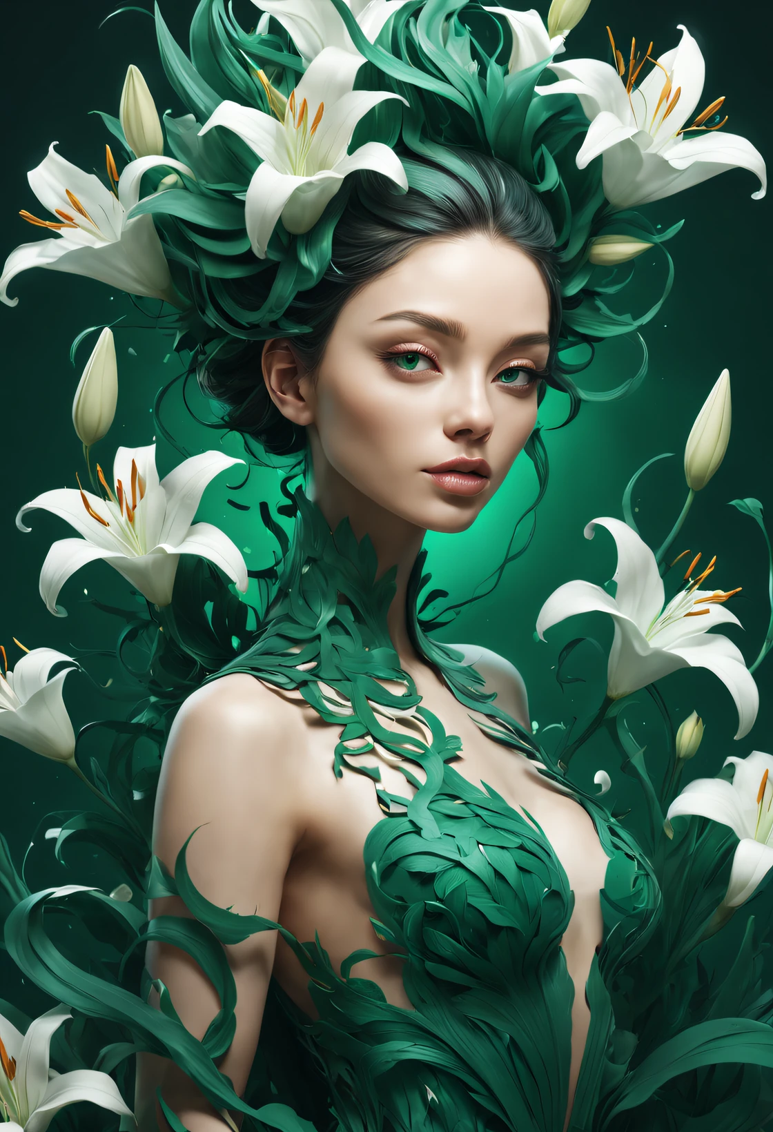beth hamity style，double contact，（Girl with lilies all over her body and head），emerald and white，,Rendered by Octane，unreal-engine，Rococo paper cutting，Fantasyart，Surreal